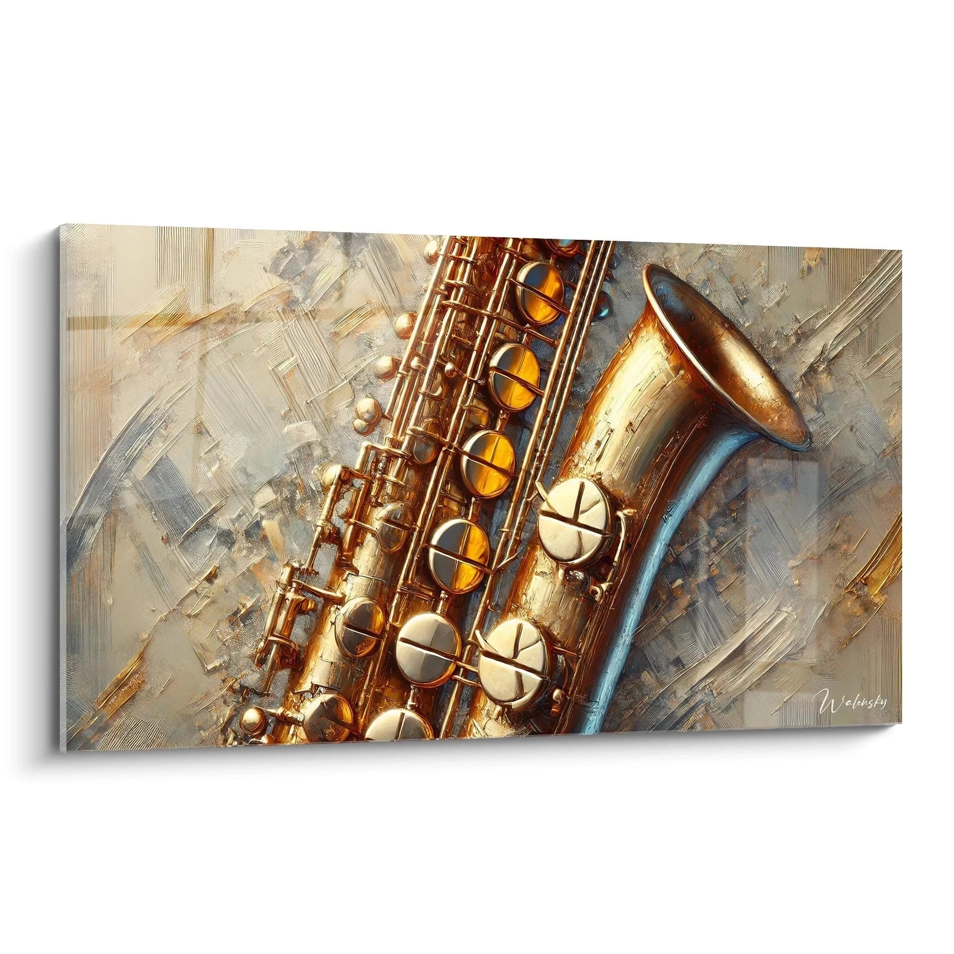 Ce tableau saxophone doré brille en gros plan, ses détails réalistes illuminés par des reflets d'or et d'ambre. L'arrière-plan abstrait ajoute un mouvement vibrant. Idéal pour les mélomanes.