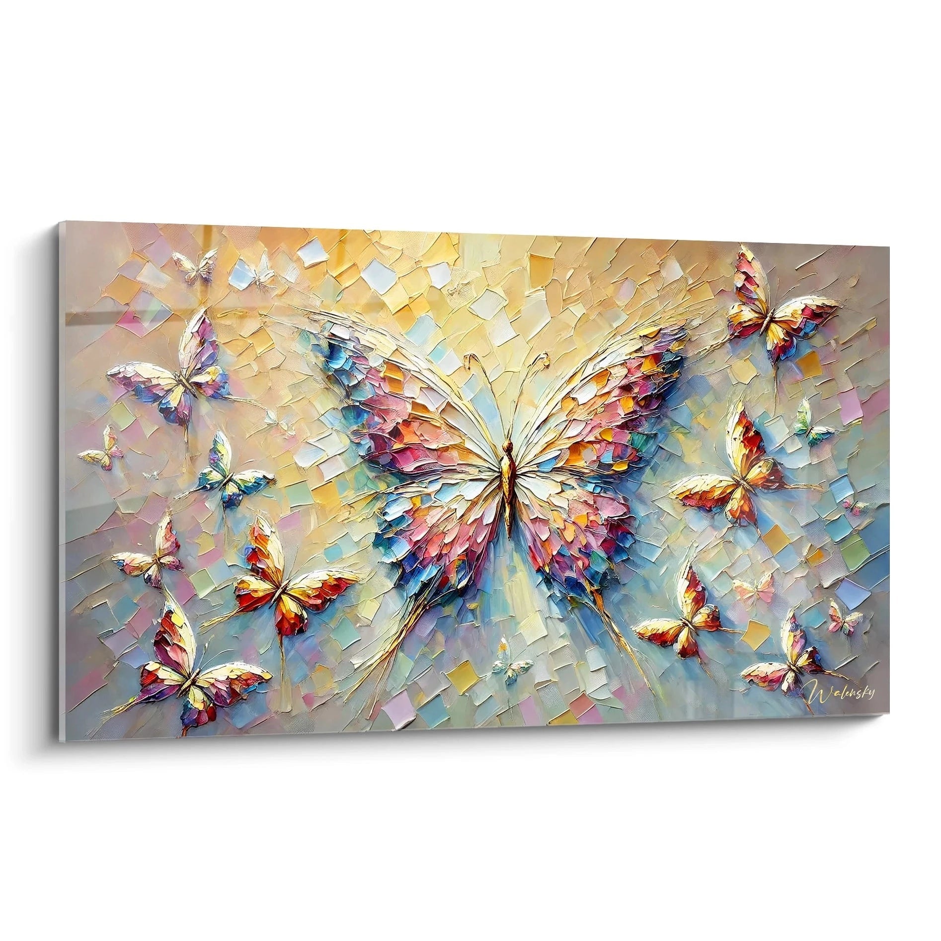 tableau papillon vibrant et lumineux, capture l essence de la nature sauvage dans une explosion de couleurs. Vu de biais, chaque détail texturé des ailes du loup semble presque prendre vie.