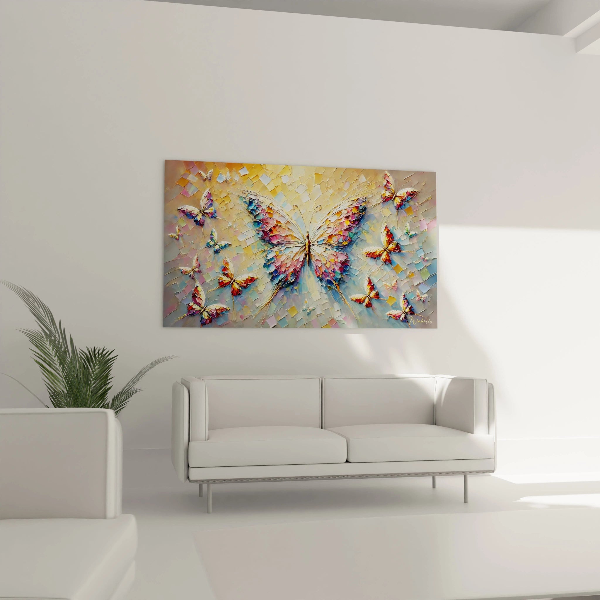tableau papillon accroché au dessus du canapé, illumine le salon avec des couleurs vibrantes. Ce tableau apporte une atmosphere dynamique et elegante qui attire l'oeil.