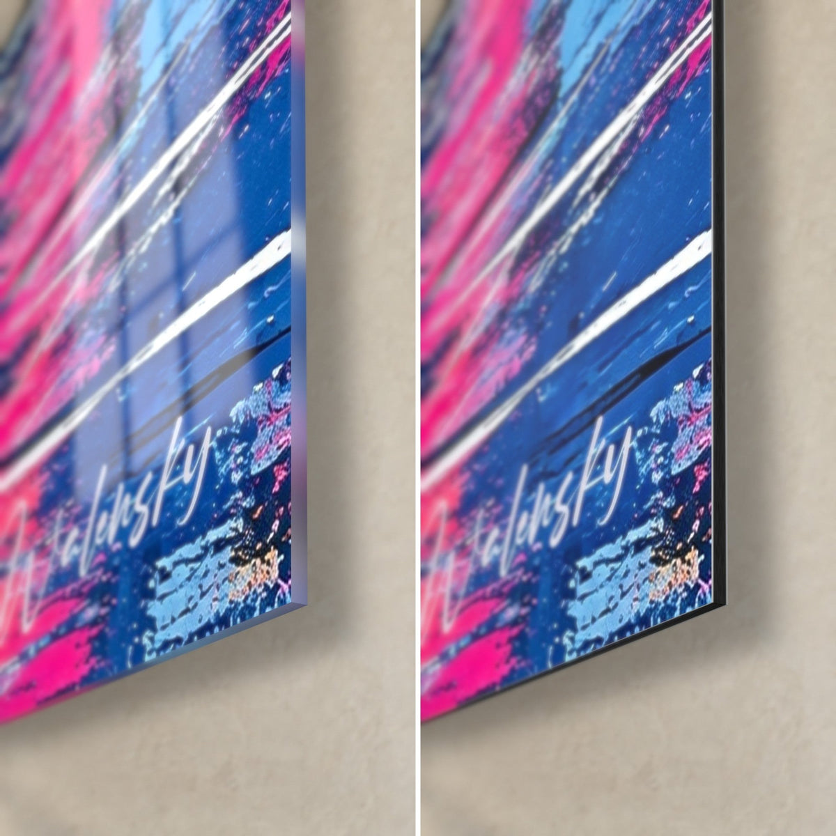 Tableau voilier bleu et ciel fuchsia, coin bas droit : verre brillant à gauche, Dibond mat à droite, tranche noire de 3 mm