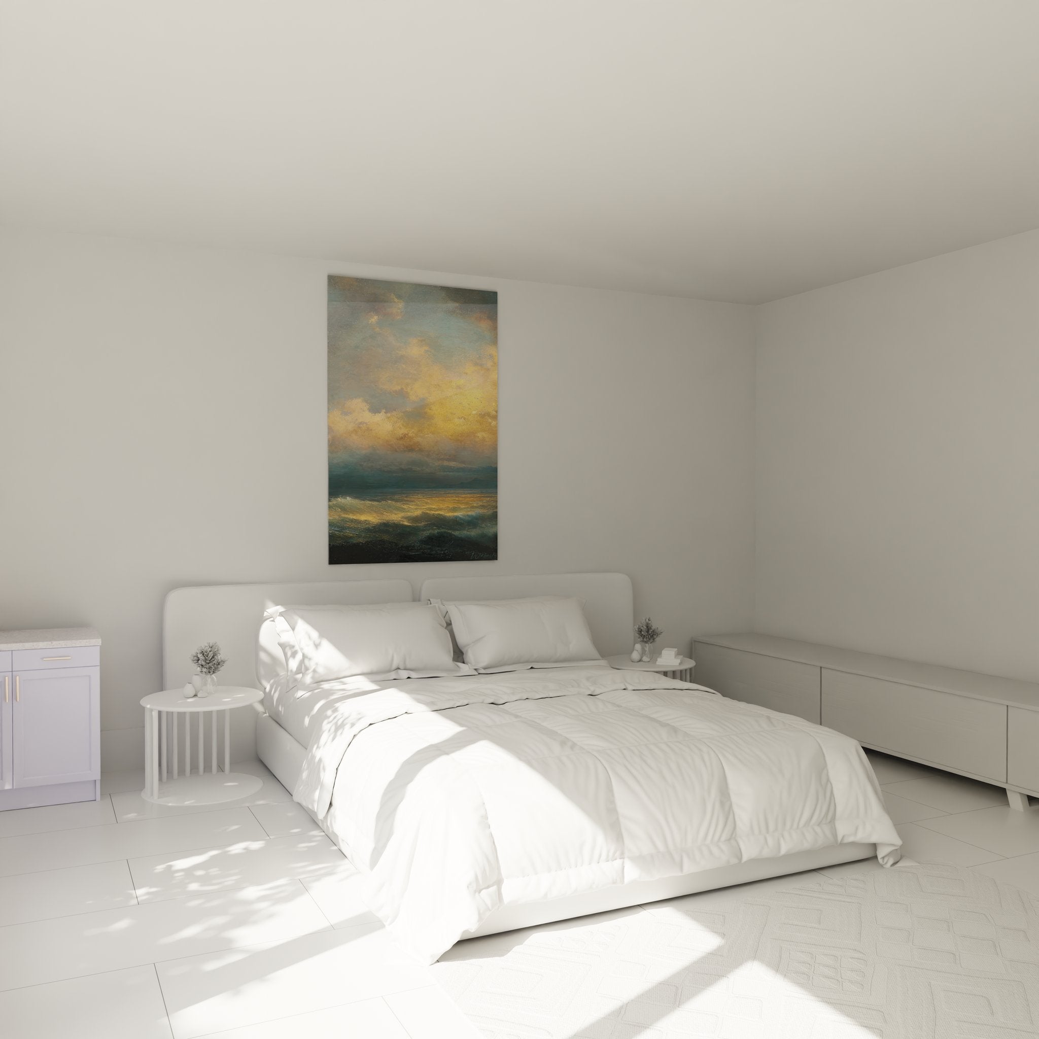 Tableau mural mer agitée coucher soleil dans chambre moderne - décoration marine élégante