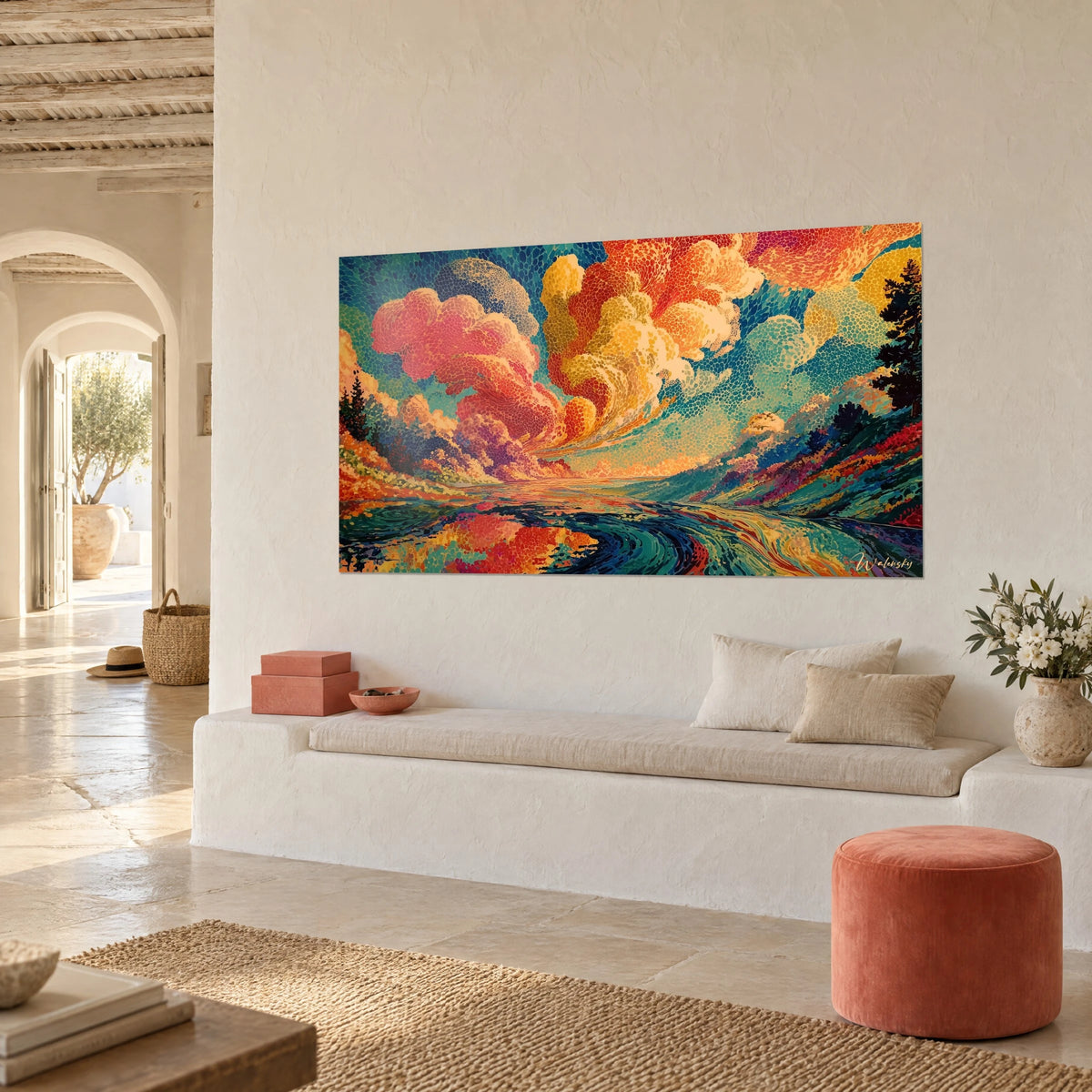Cuadro de cielo de cúmulos rosa coral y oro en pequeños toques, río sinuoso azul noche, pared blanca de una casa mediterránea