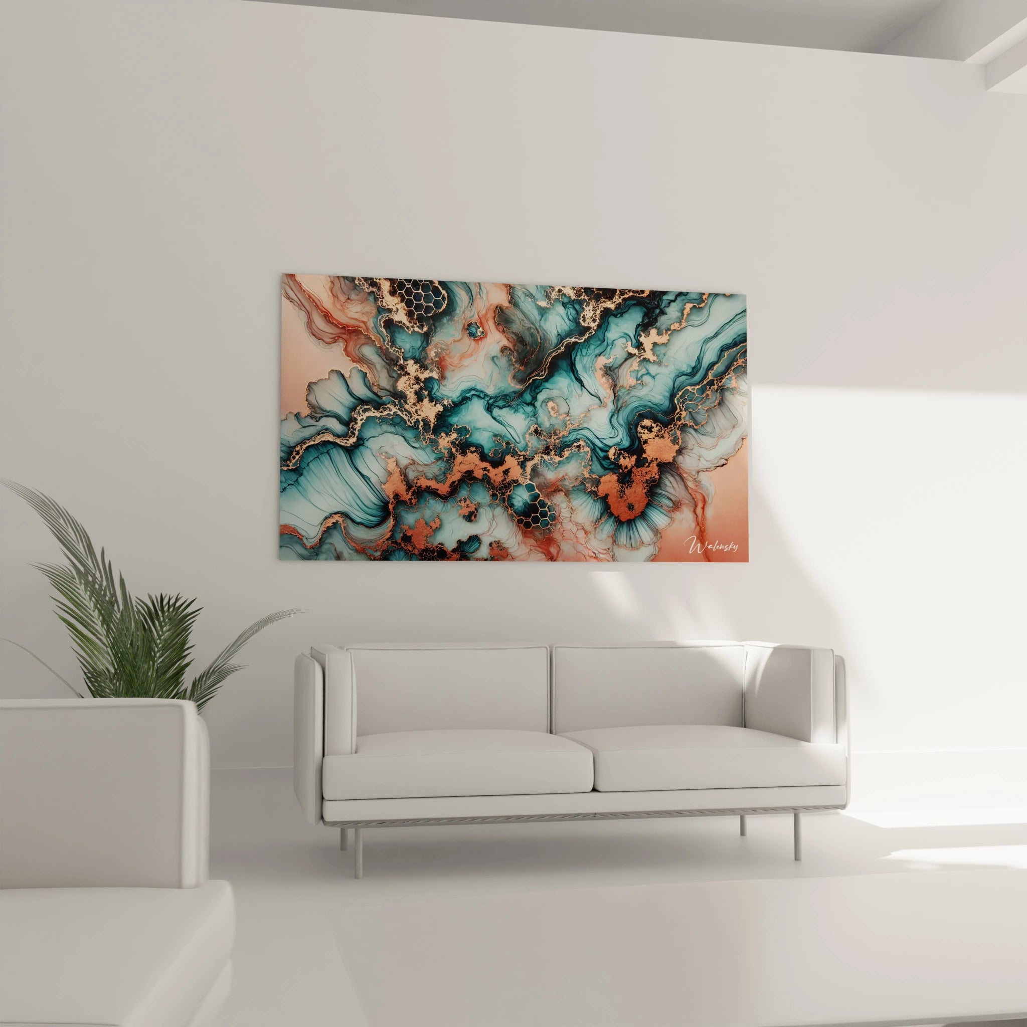 Ce tableau style epoxy se distingue dans un salon moderne avec ses lignes tourbillonnantes et ses motifs en or rose, apportant une touche luxueuse et une ambiance apaisante grâce à ses nuances de bleu et beige.