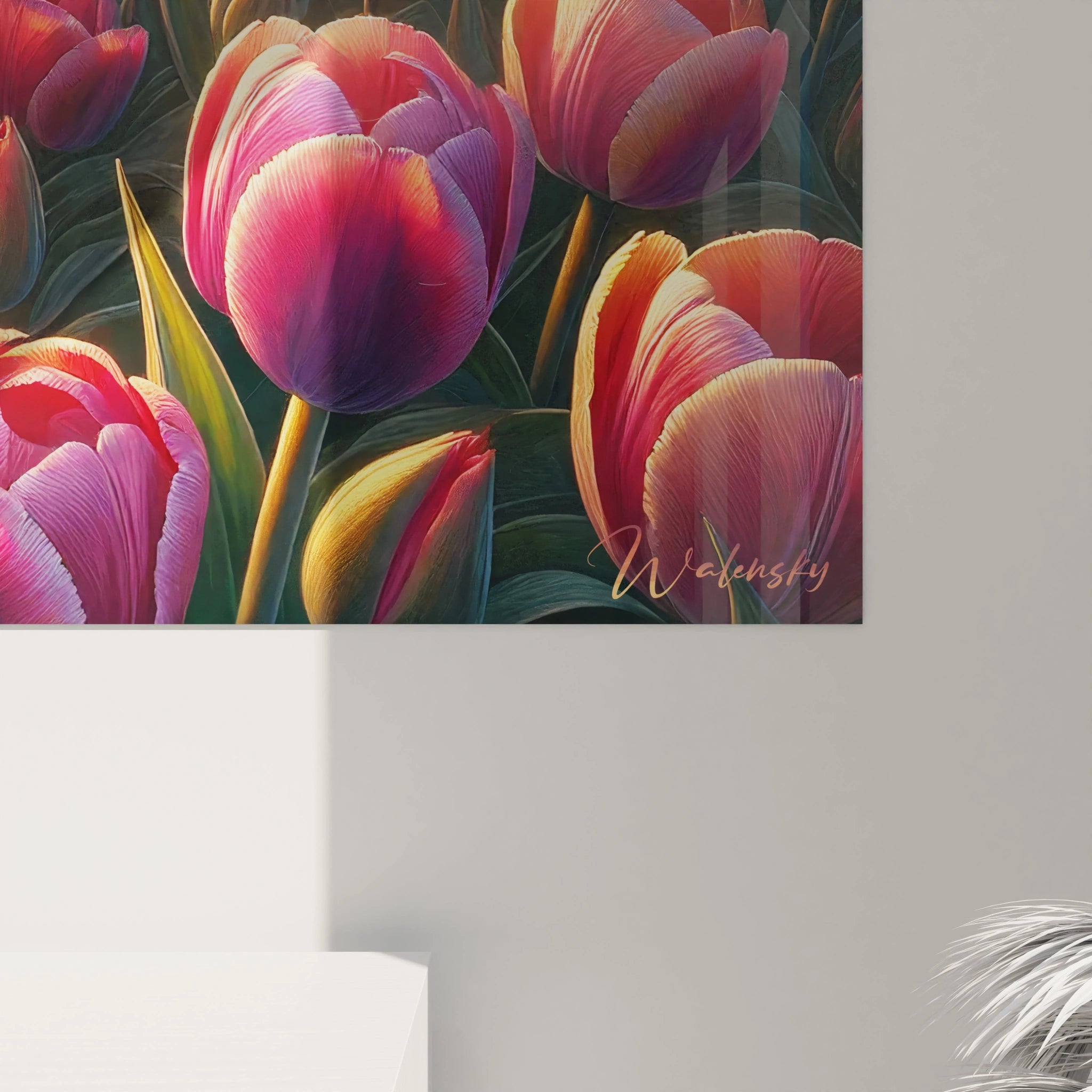 Vue rapprochee du tableau Champs de Fleurs mettant en avant les details realistes des tulipes et la profondeur lumineuse Une evocation de la renaissance de la nature