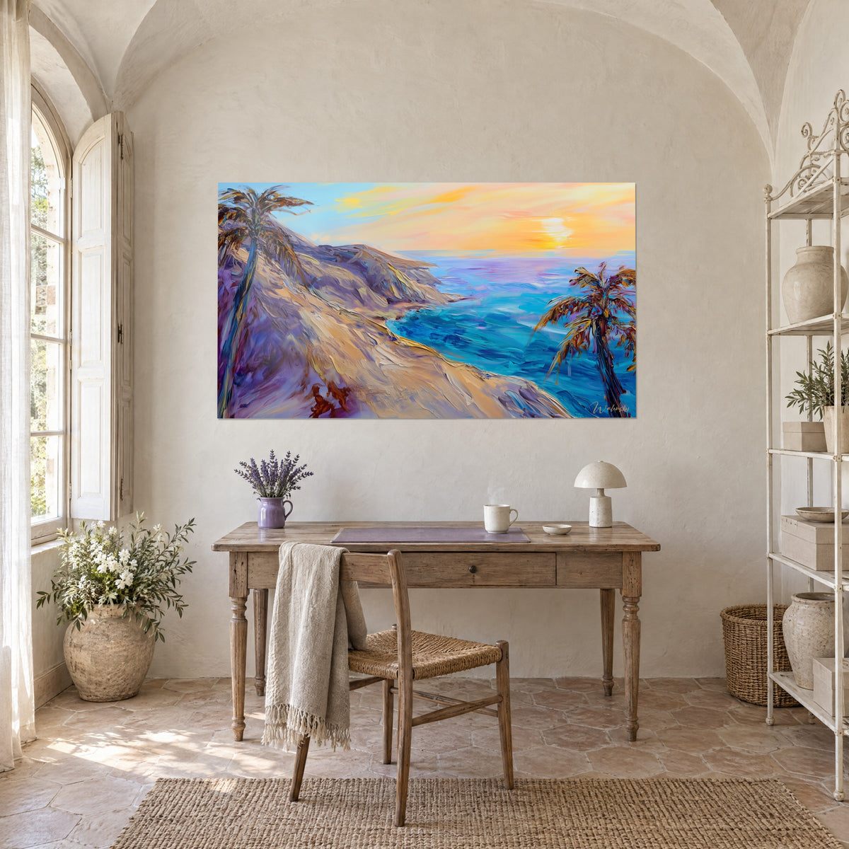 Schilderij van een zeegezicht met paletmes, mauve en gouden duin, turquoise blauwe zee, bleke zon, boven een houten bureau