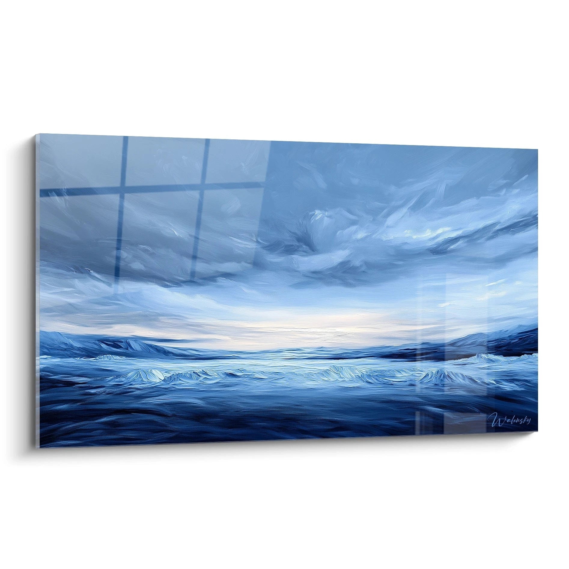 Tableau océan représentant une mer agitée aux vagues expressives, dans des teintes de bleu profond et bleu ciel, avec un horizon lumineux et des textures dynamiques créées par des coups de pinceau visibles suggérant le mouvement perpétuel de l'eau.