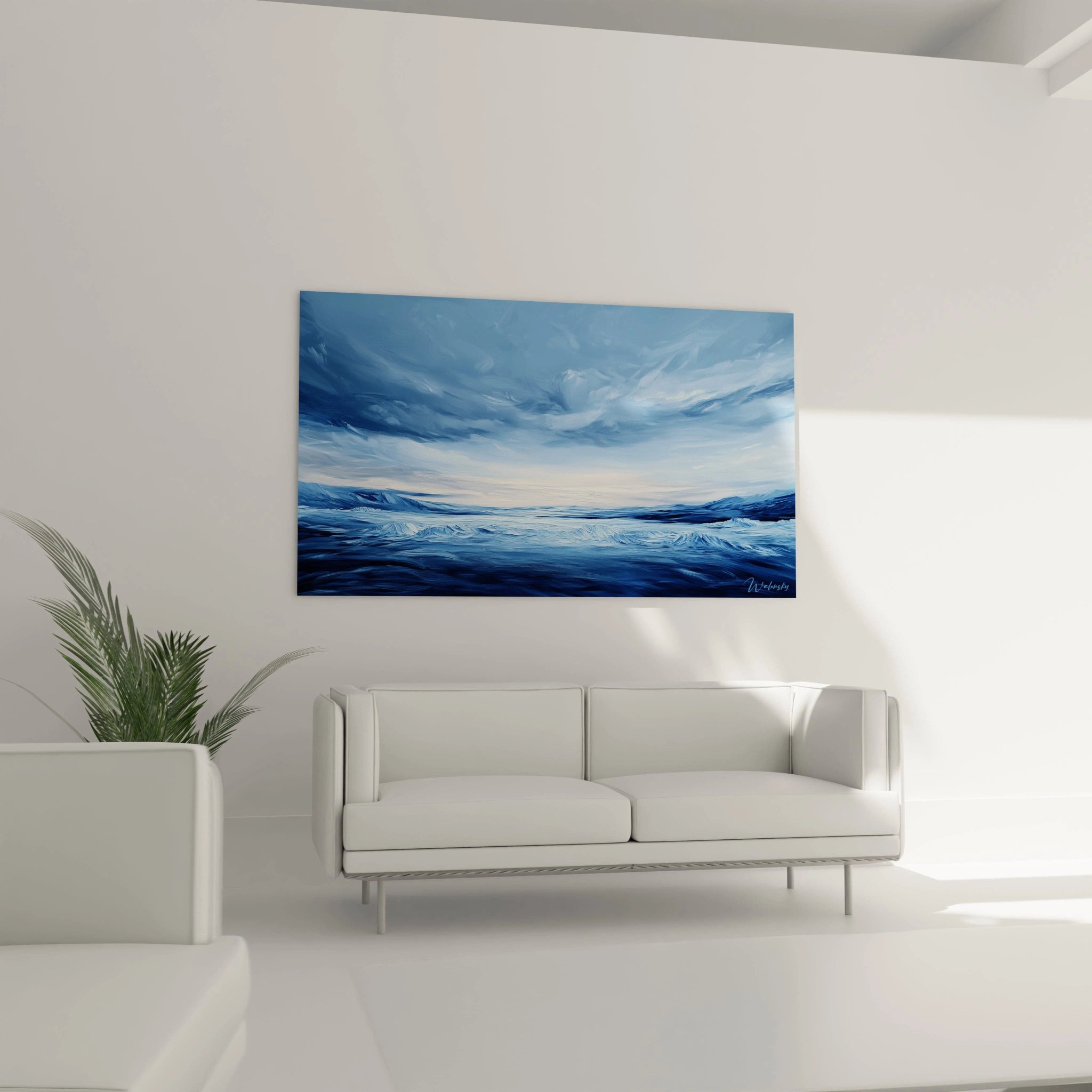Tableau paysage maritime montrant une mer houleuse sous un ciel nuageux, composé exclusivement de teintes bleues variées et de touches blanches suggérant l'écume des vagues, avec une technique picturale créant un effet de mouvement continuel et une atmosphère à la fois dramatique et apaisante.