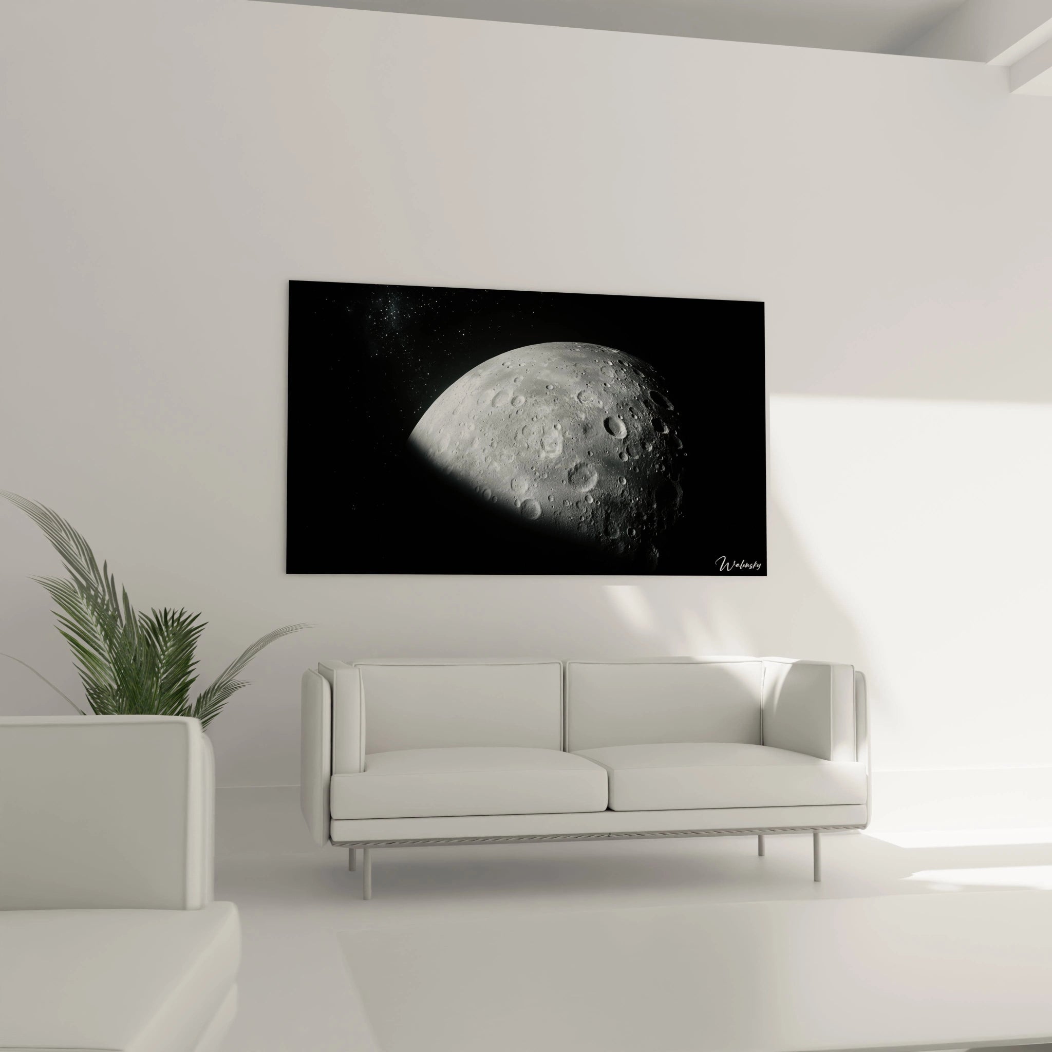 Un tableau espace illustrant un paysage lunaire en gros plan, avec une topographie détaillée, des tons gris variés et une lumière rasante accentuant les reliefs.
