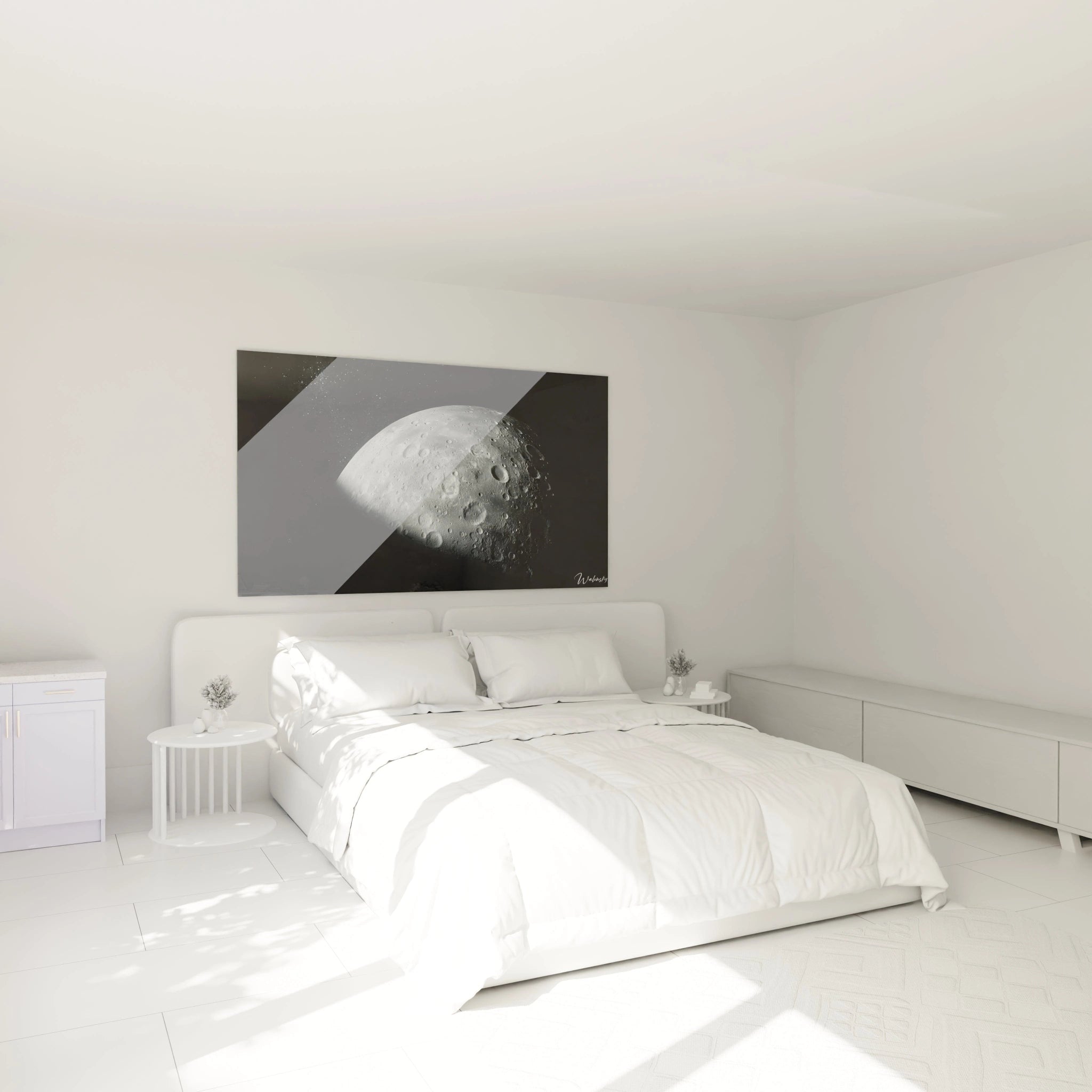 Un tableau espace représentant un astre éclairé partiellement, avec des textures rugueuses, des ombres marquées et un contraste net entre les zones lumineuses et sombres.