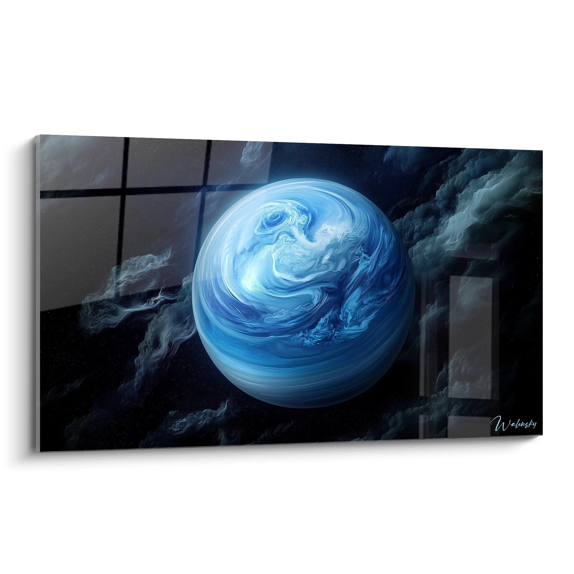 Un tableau espace représentant une planÚte bleue aux tourbillons fluides, entourée de nuages sombres et vaporeux sur un fond spatial noir, avec des contrastes lumineux et des textures lisses.