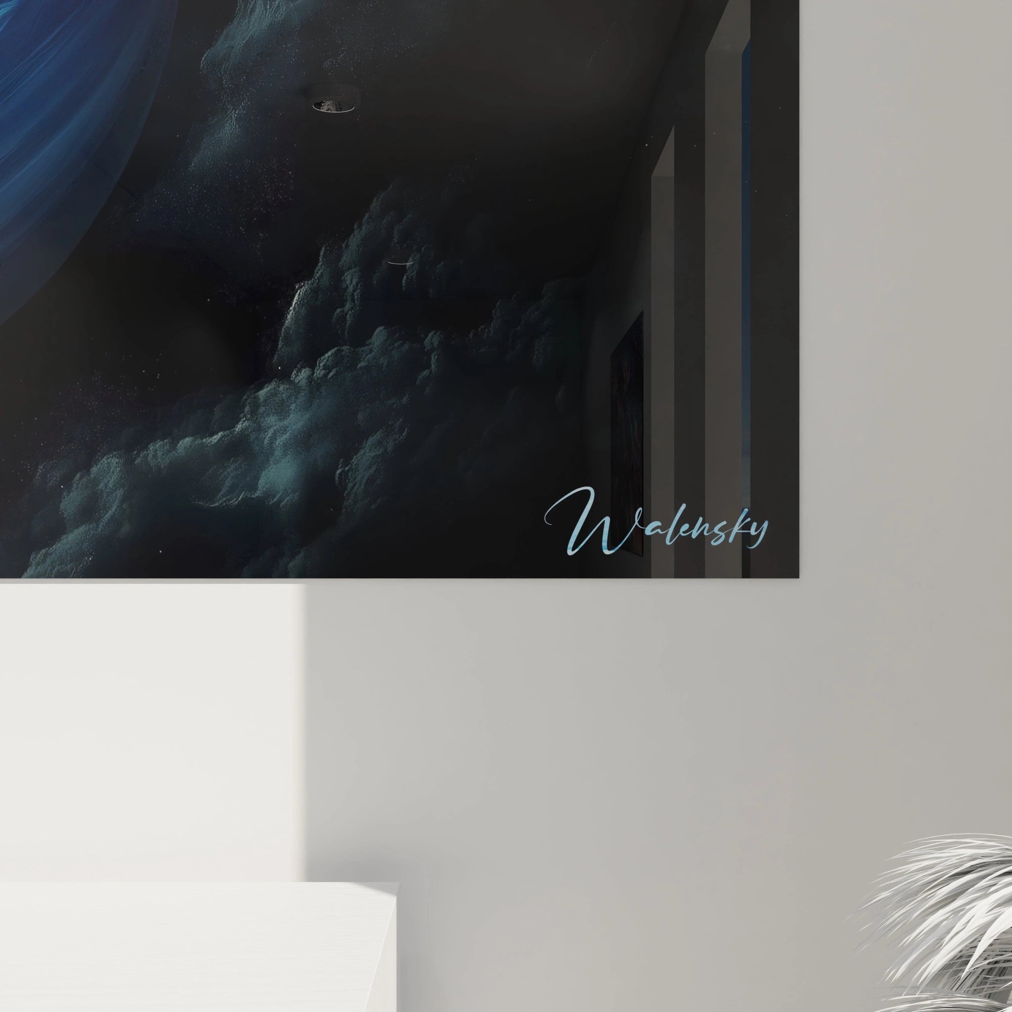 Un tableau espace montrant une planĂšte aux volutes de bleu et de blanc, aux textures douces et fluides, flottant dans un espace obscur avec des effets de brume et des nuages aux contours flous.