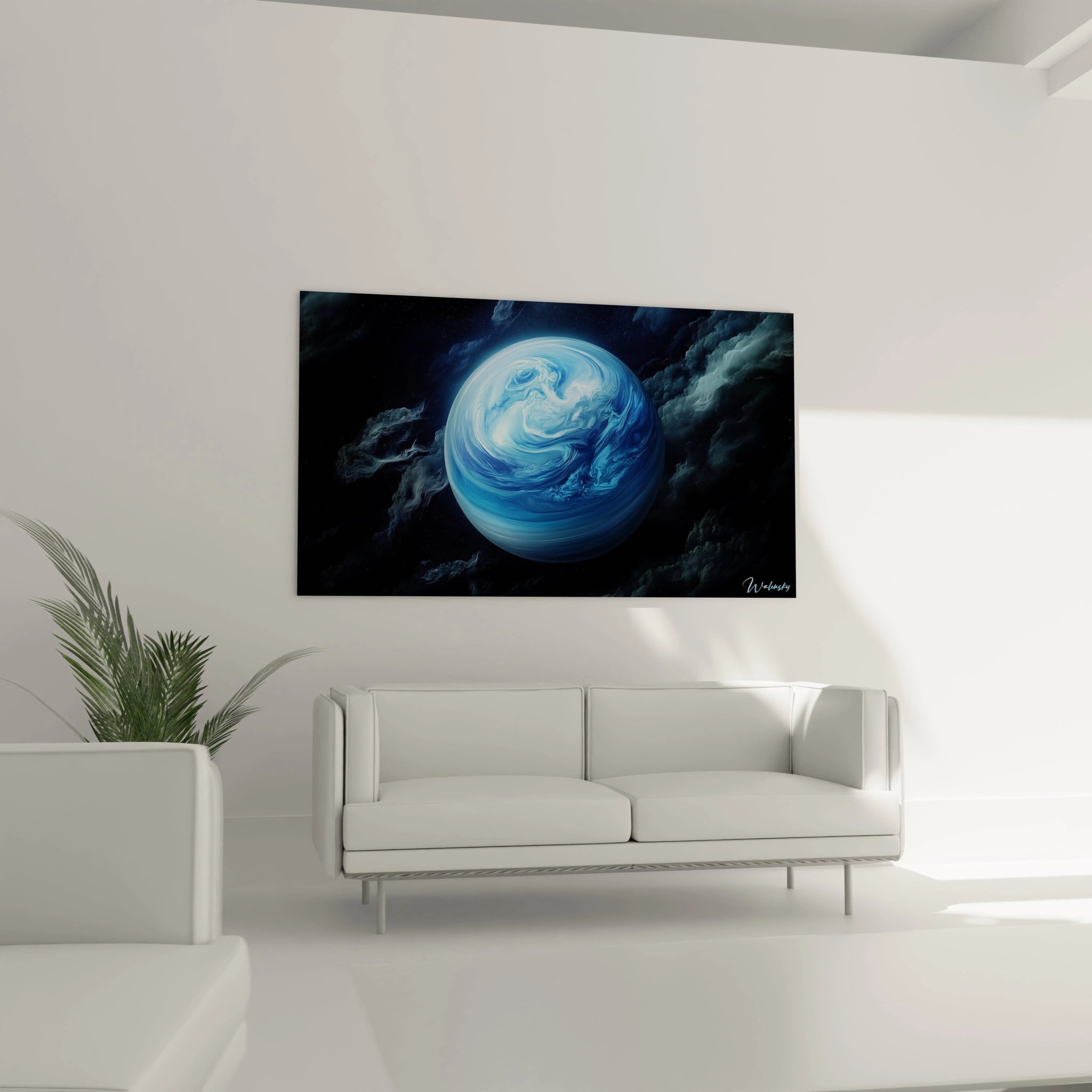 Un tableau espace mettant en scÚne une planÚte aux teintes bleutées et blanches, avec un rendu lisse et vaporeux, entourée de nuages célestes contrastés sur un arriÚre-plan noir profond.