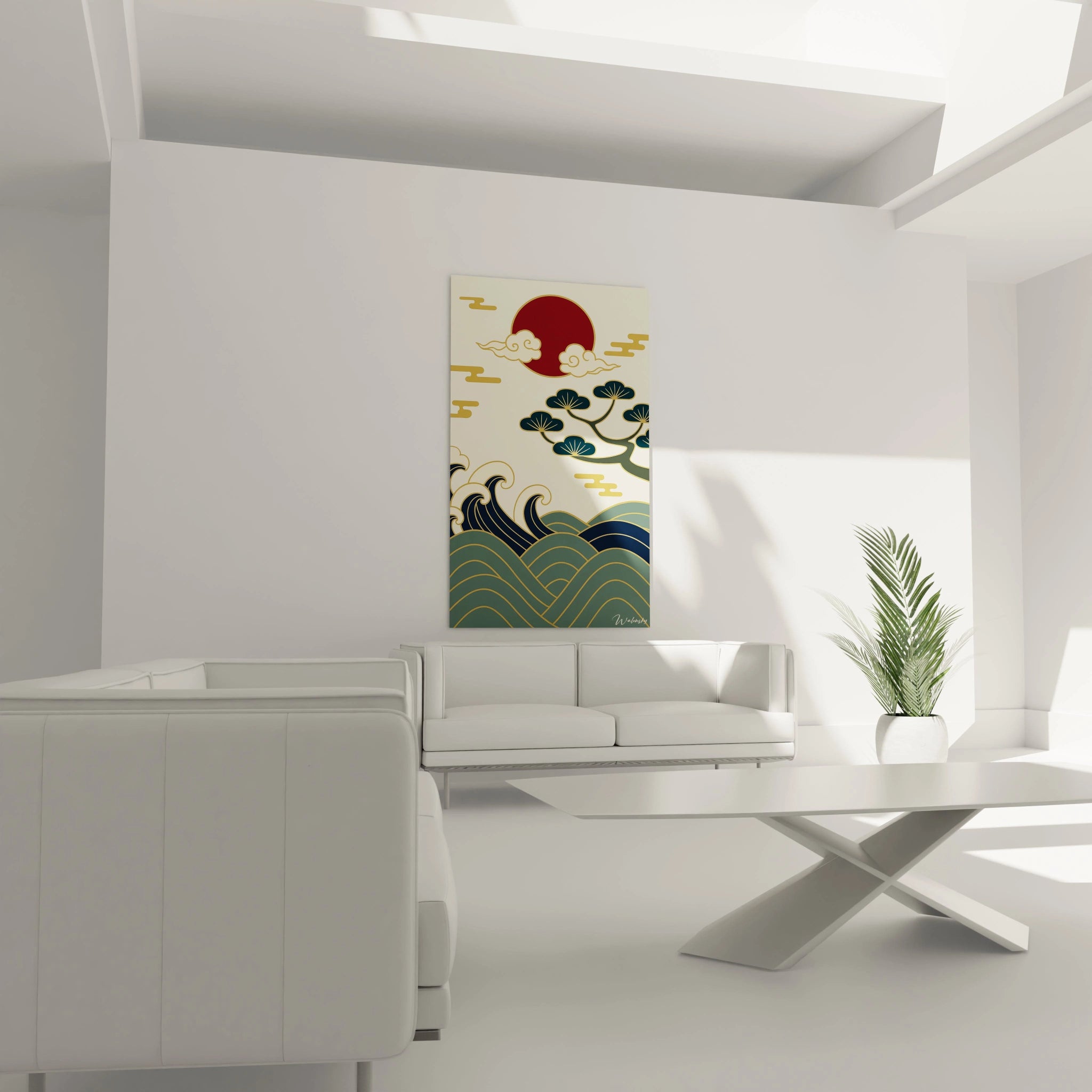 Un tableau japon artistique combinant soleil rouge carmin, vagues bleues géométriques aux lignes courbes, nuages spiralés or et crème, pin stylisé vert sombre avec reflets dorés, illustrant les éléments naturels dans un style épuré.