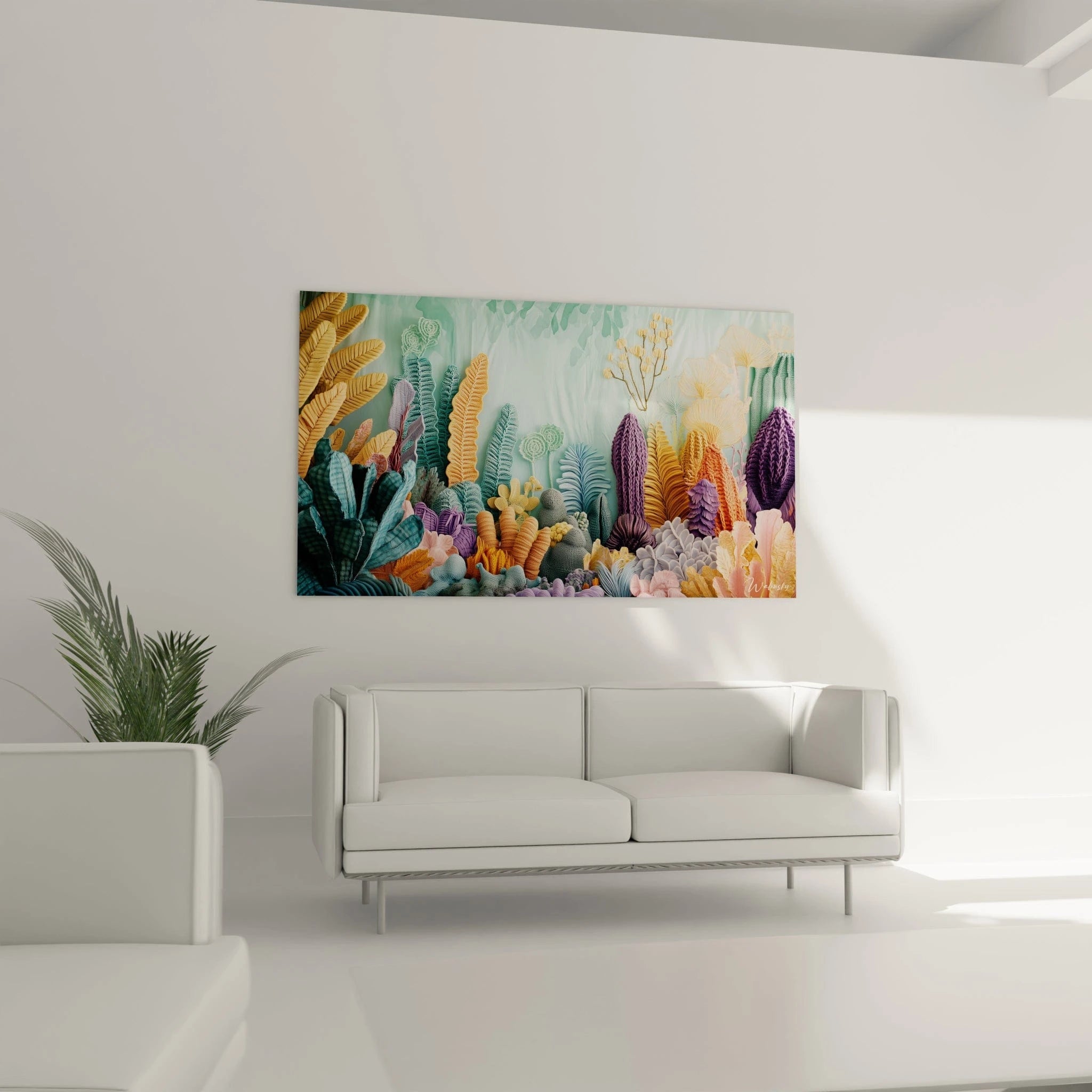 Tableau récif stylisé aux formes marines crochetées en volume, avec palette de couleurs harmonieuse comprenant turquoise dominant, violet profond, or chaud et touches de rose, présentant divers éléments coralliens texturés sur fond aquatique.