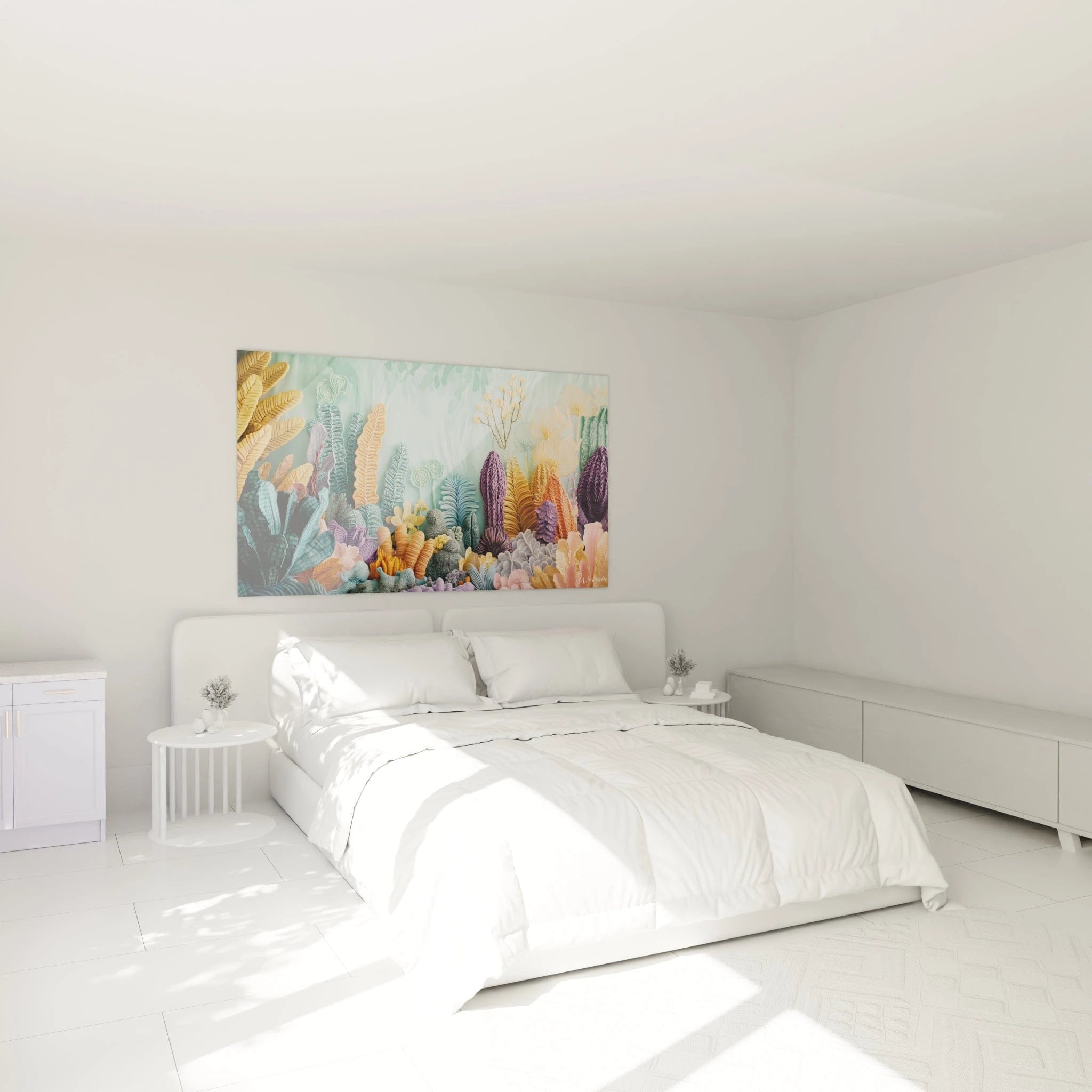 Un tableau corallien texturé composé de formes organiques crochetées en relief, mêlant teintes turquoise, violet, orange et rose pâle, créant un écosystème sous-marin stylisé avec différentes structures évoquant coraux, algues et plantes marines.