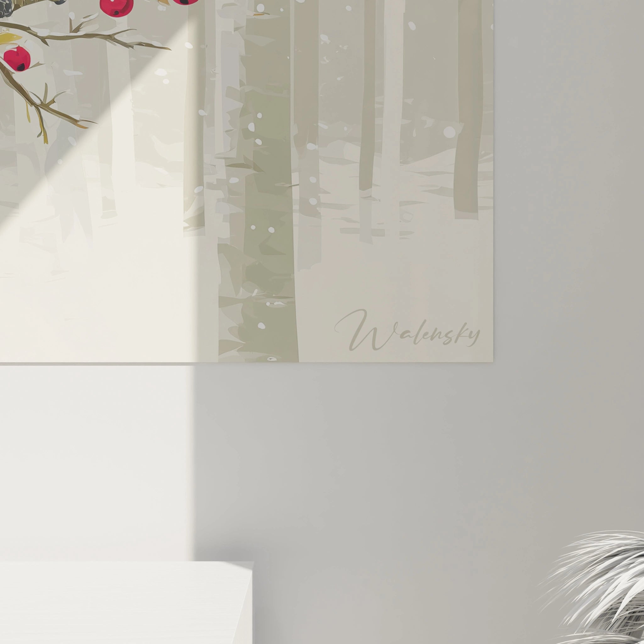 Tableau mural de plus de mésanges Noël sur une branche avec un fond hivernal dessiné par Walensky