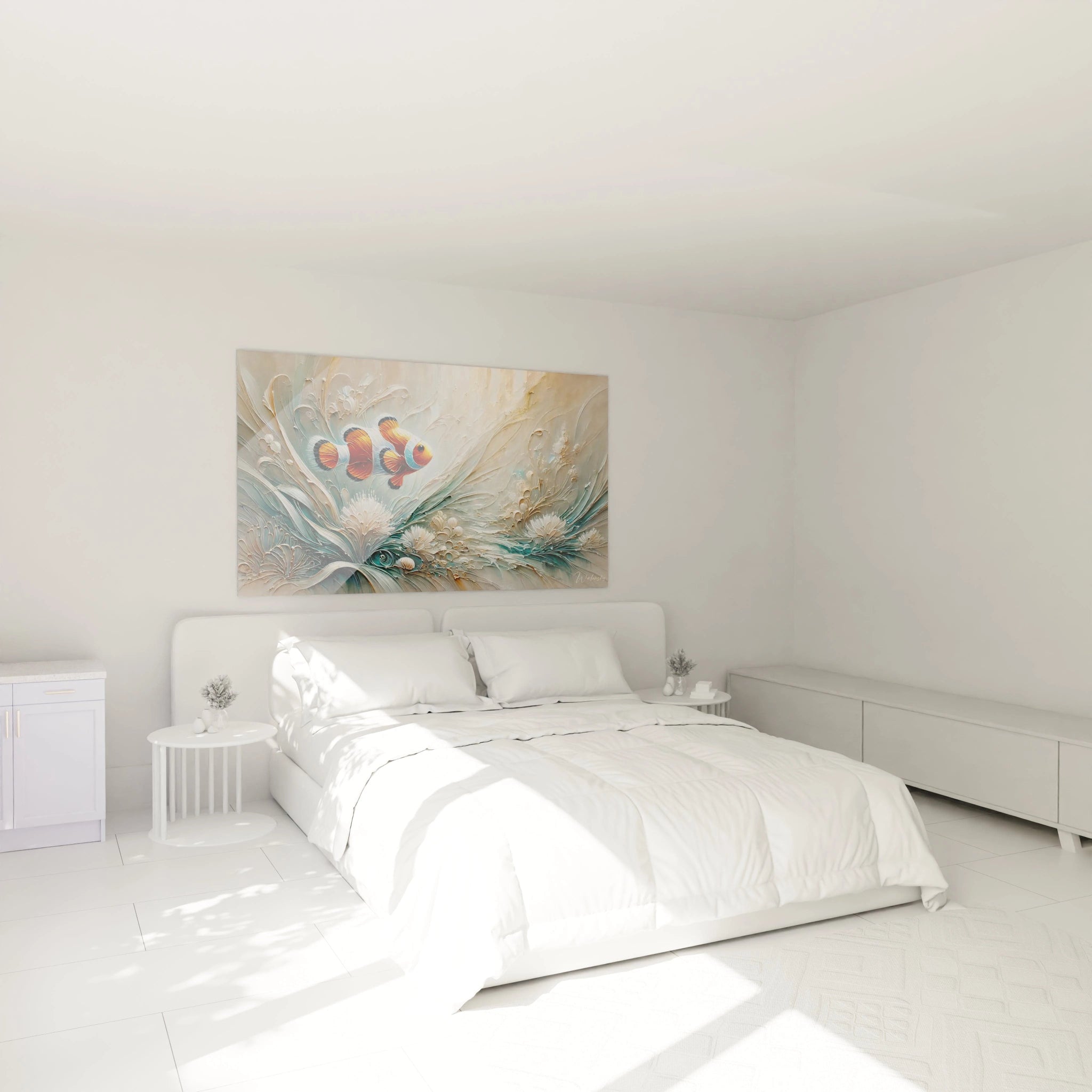 tableau poisson au dessus du lit pour une chambre reposante il ajoute une touche artistique marine avec ses nuances de bleu beige et orange apportant une ambiance zen et elegante a l ensemble