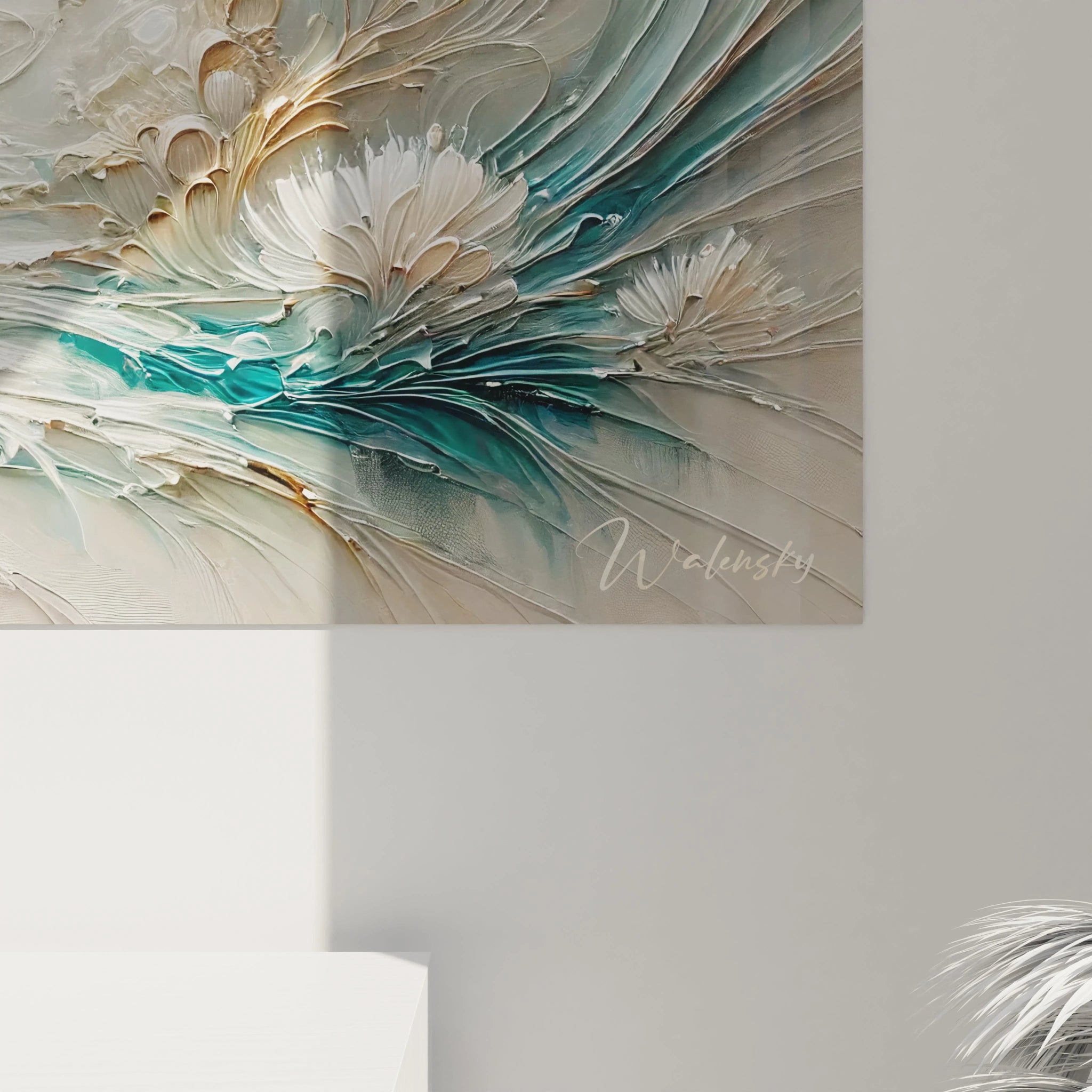 vue de pres ce tableau poisson revele des details subtils avec des touches de peinture epaisse et des textures riches une oeuvre qui combine le realisme et l abstraction