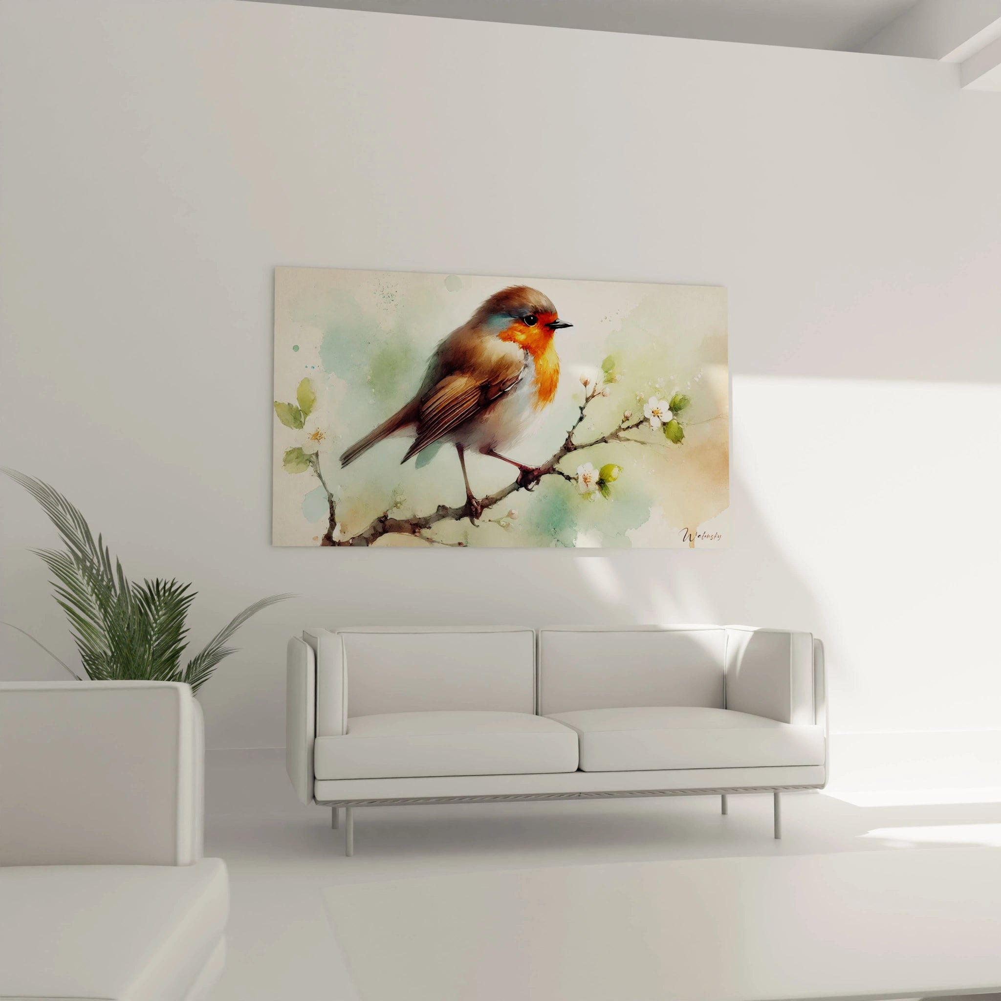 Placé au-dessus du canapé, ce tableau oiseaux rehausse la déco du salon avec son style raffiné. Ses nuances délicates et son thème naturel invitent à une atmosphère de calme et d'élégance.