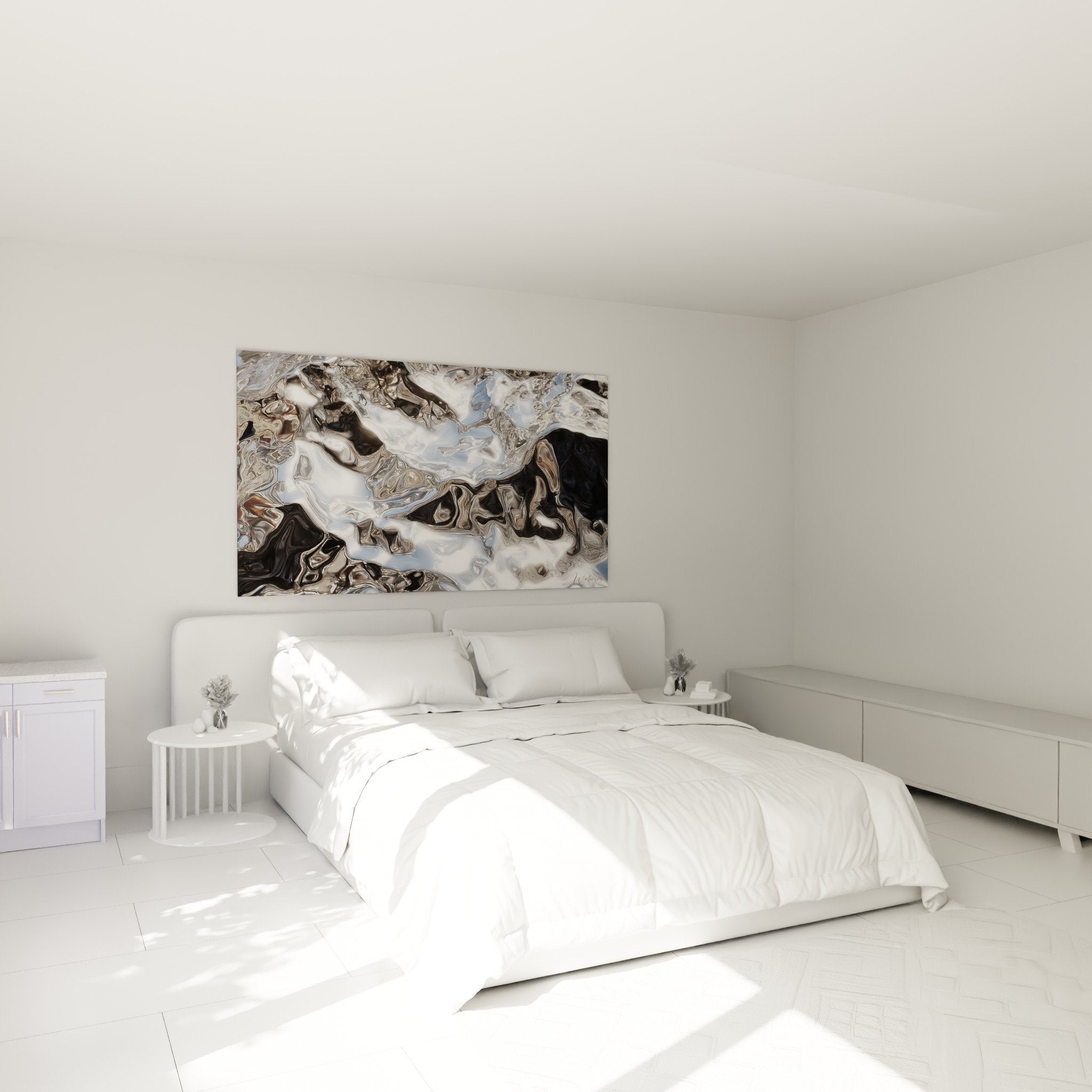 Silver liquid metal wall art in modern bedroom with western feng shui metal decor