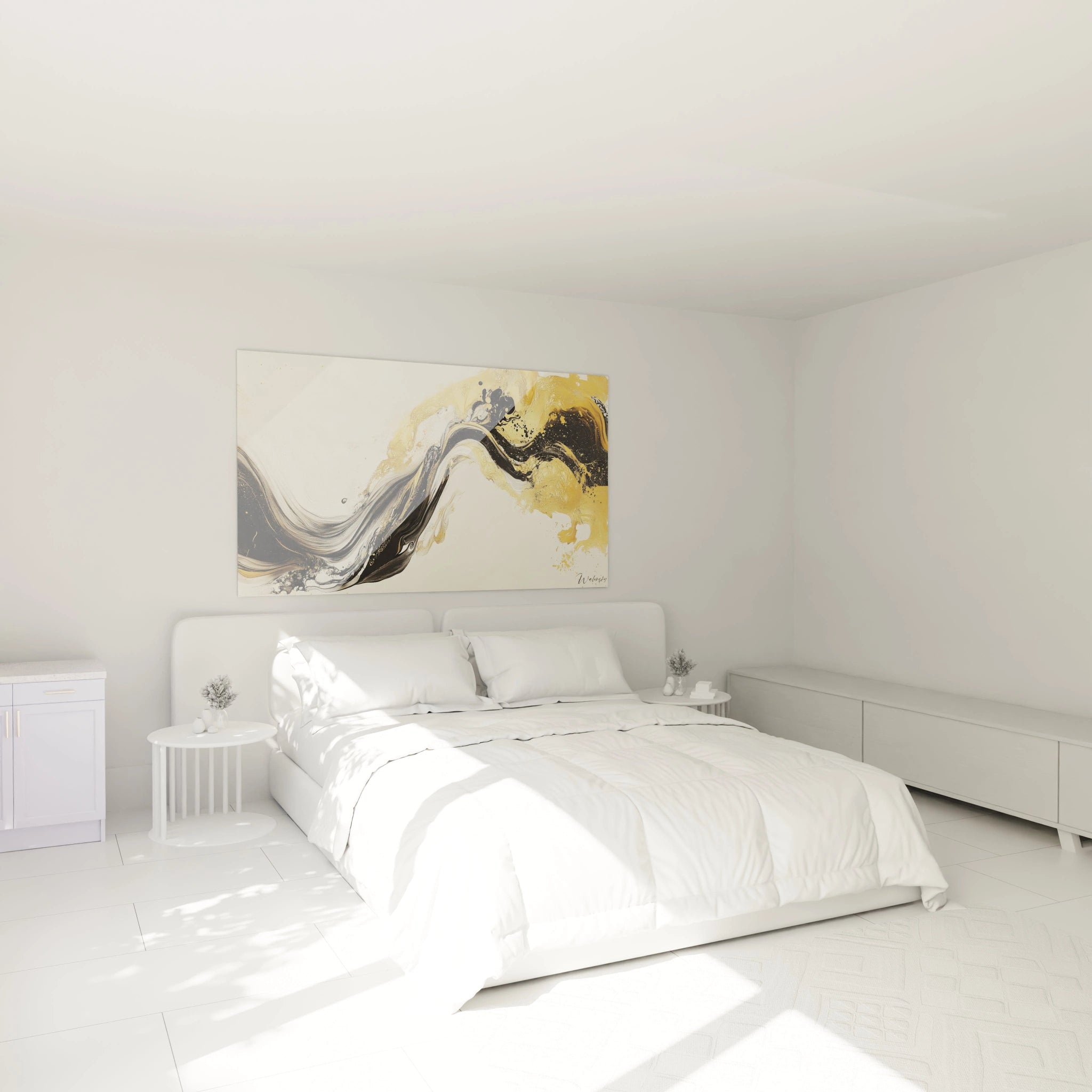 Tableau moderne abstrait de Walensky avec des nuances dorées dans une chambre lumineuse