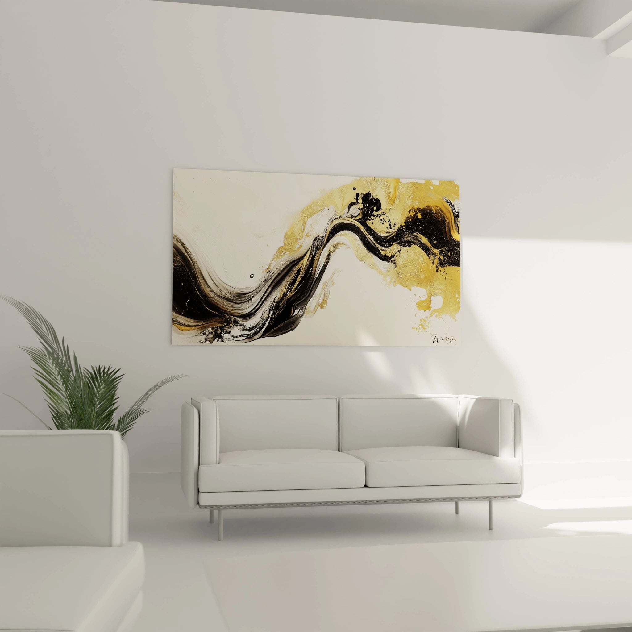 Tableau moderne abstrait de Walensky avec des couleurs or et noir sur un mur blanc