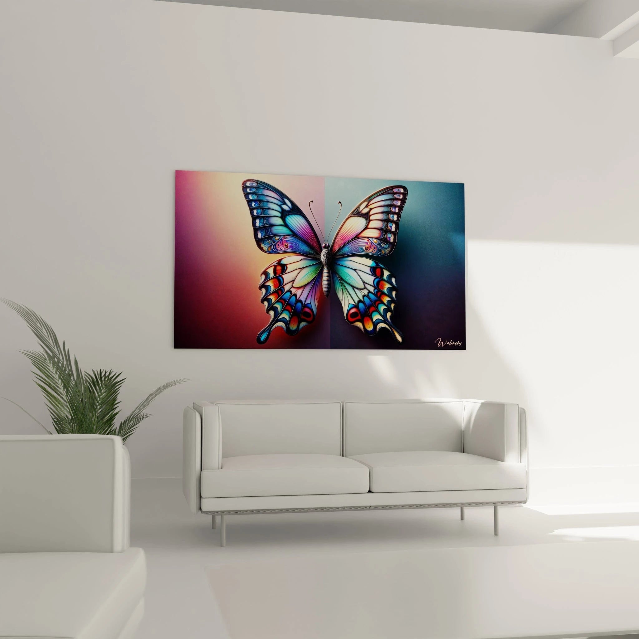 Un tableau d'animal montrant un papillon stylisé avec des ailes symétriques ornées de motifs colorés et d'ocelles. Les ailes gauches présentent des dominantes bleues et violettes tandis que les droites tendent vers l'orange et le jaune. La texture métallique des ailes crée des reflets changeants sur un arrière-plan bicolore rose-bleu.