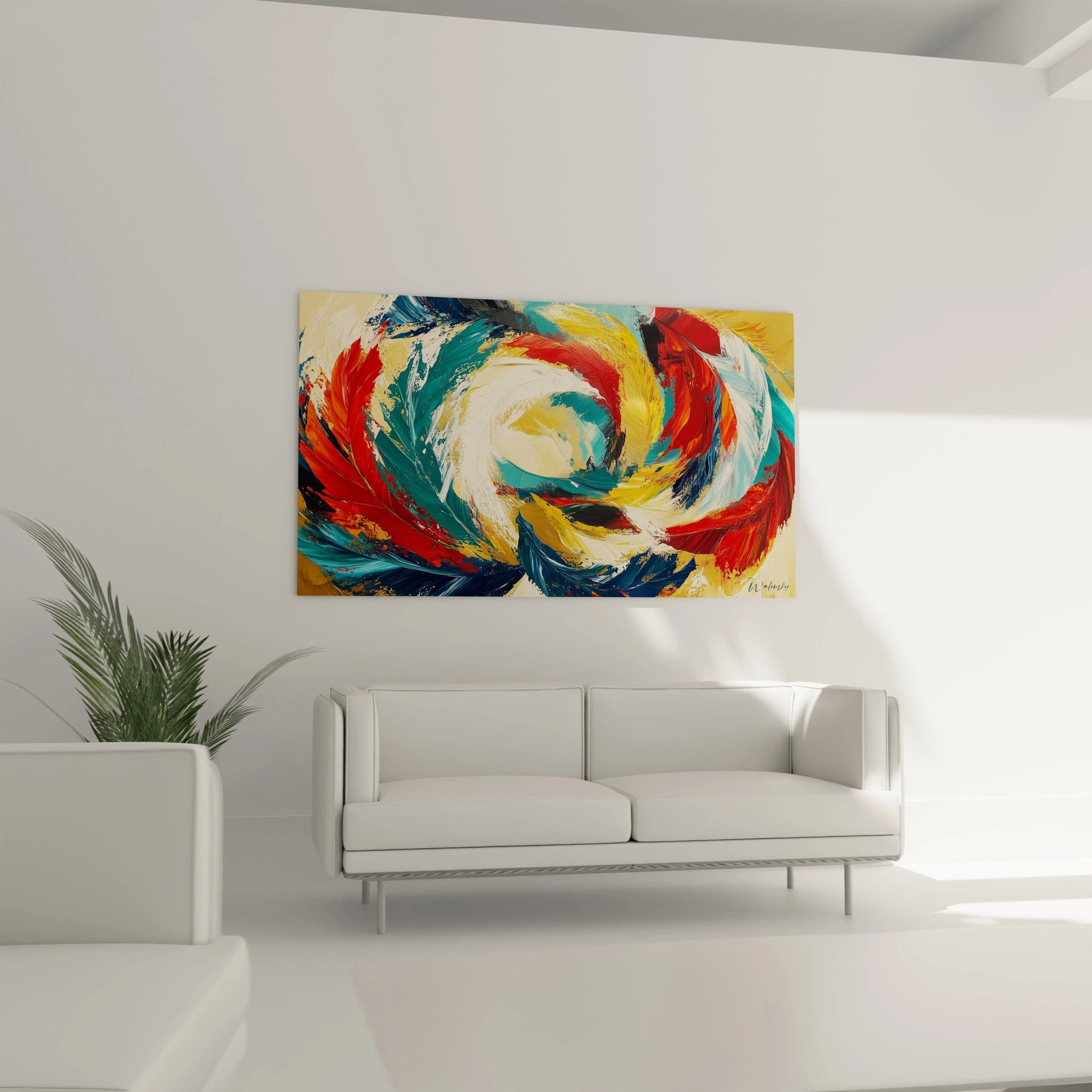 Un tableau abstrait spirale dynamique captant l'essence d'un vortex énergétique, où des arcs de couleurs contrastées - turquoise profond, rouge vif, jaune doré et blanc - se poursuivent dans un mouvement rotatif continu, créant une sensation de profondeur par des textures variées.
