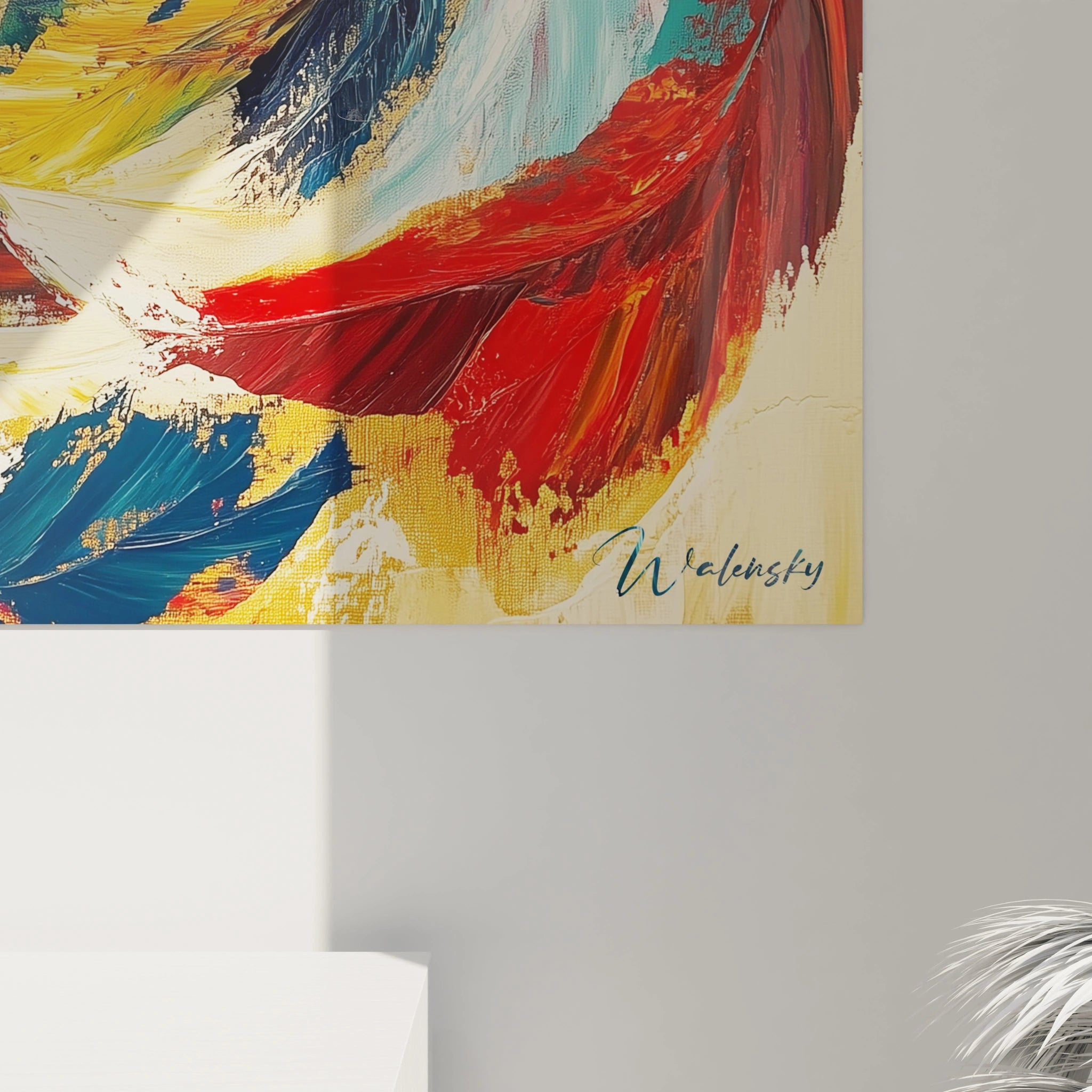 Un tableau abstrait spirale harmonieux présentant un tourbillon de couleurs entrecroisées où dominent le turquoise, le rouge et le jaune sur fond beige, avec des transitions fluides entre les teintes et des textures riches obtenues par des coups de pinceau vigoureux formant un motif cyclique expressif.