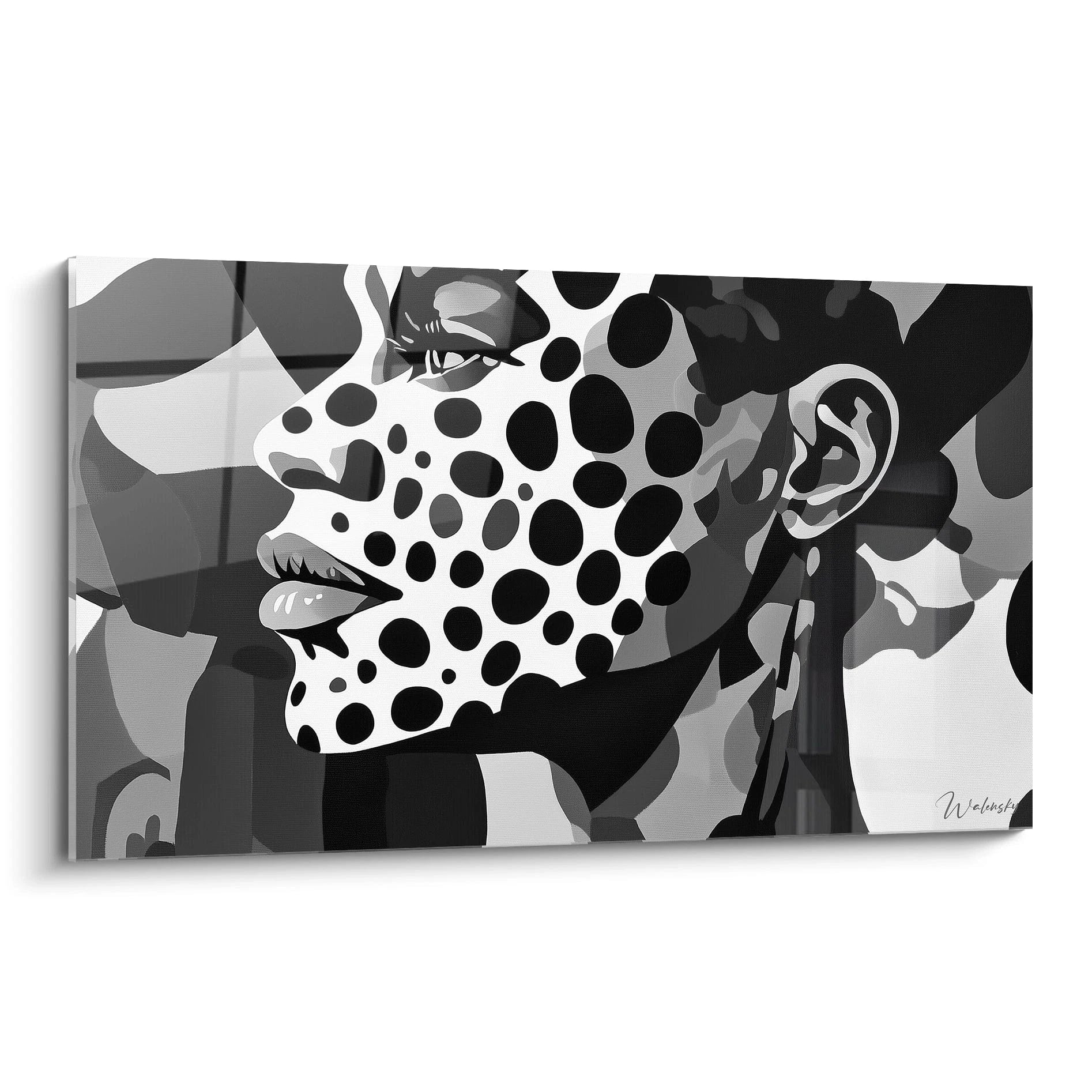 Tableau visage noir et blanc avec motifs de pois en relief par Walensky