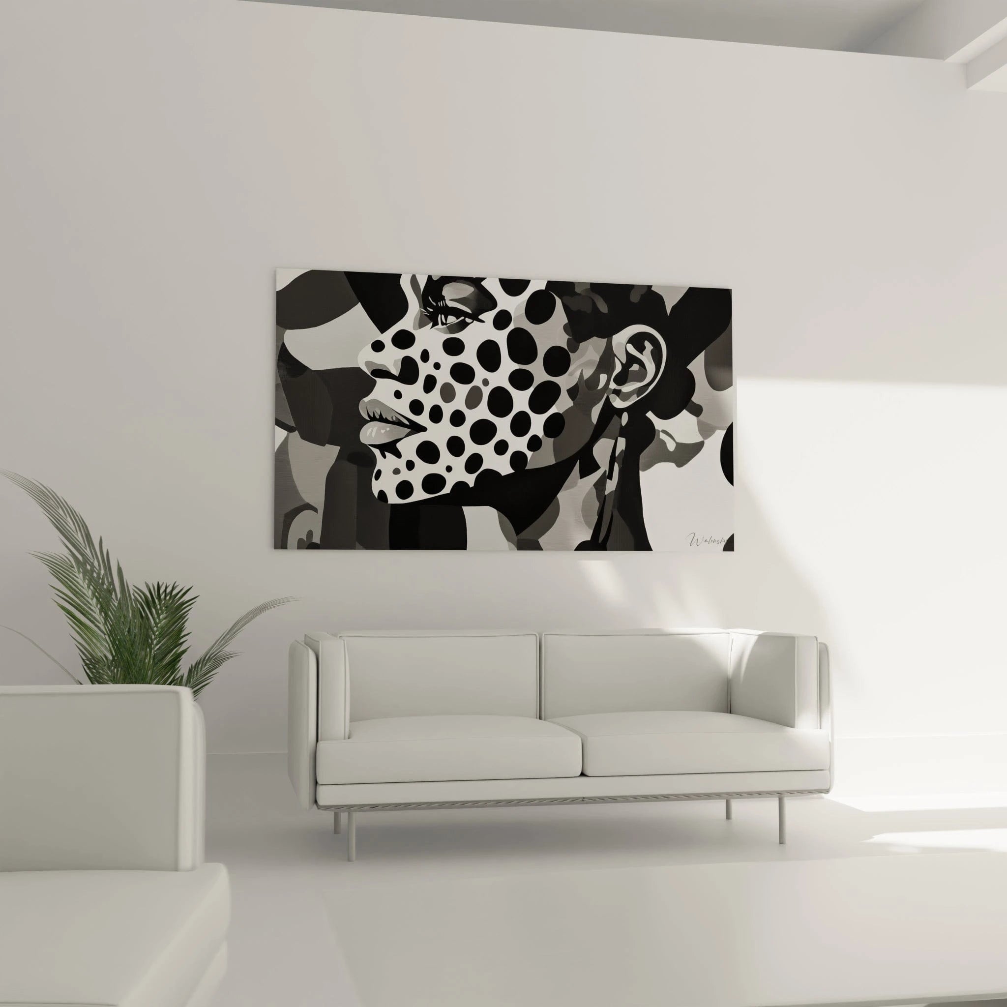 Tableau visage noir et blanc de Walensky avec des motifs géométriques pour décorer un intérieur moderne