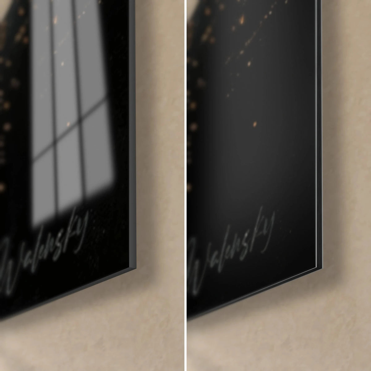 Wall art metropolis at night, bottom right corner: glossy glass on the left, matte black Dibond aluminium on the right, fine 3 mm edge