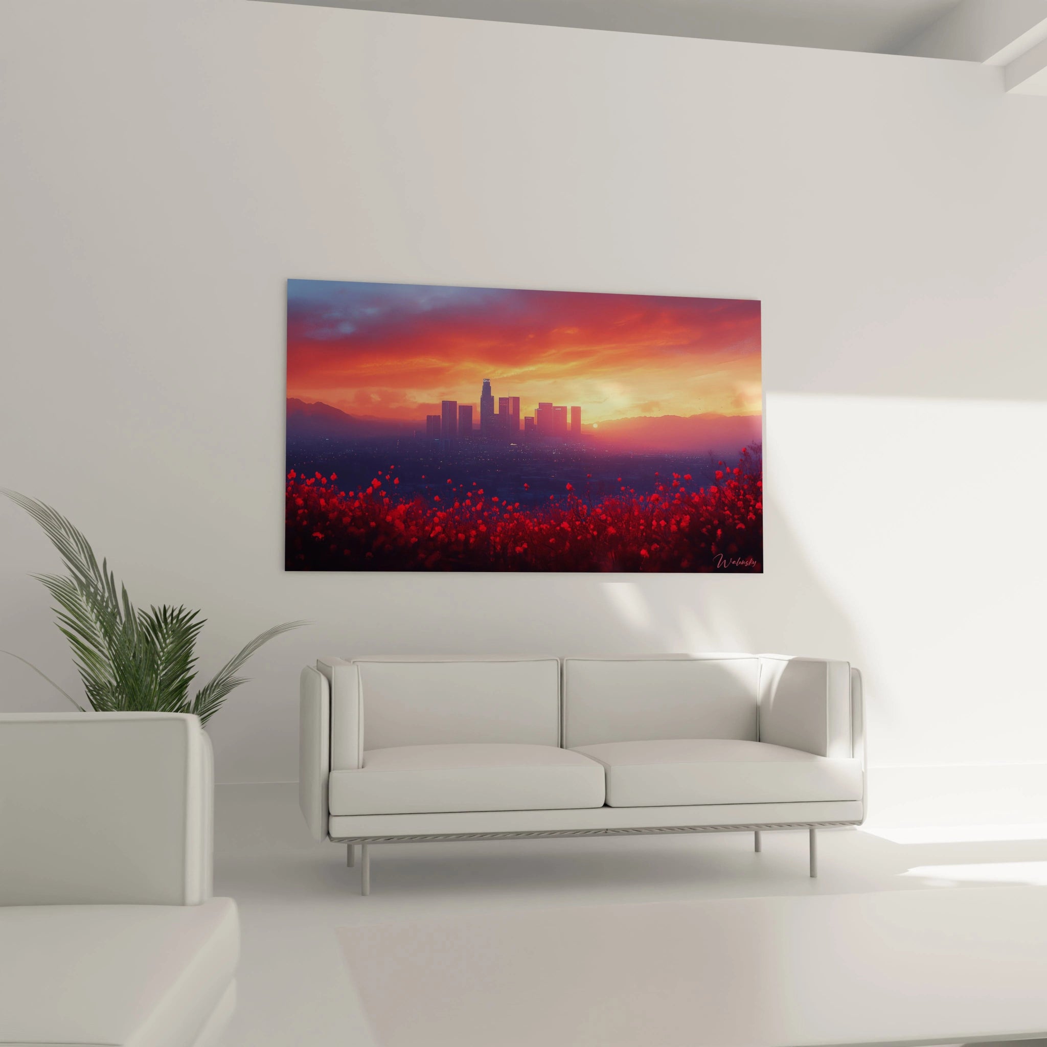 Un tableau paysage urbain capturant l'instant où le soleil disparaît derrière les montagnes, illuminant les gratte-ciel d'une lumière dorée et faisant ressortir le rouge vif des coquelicots sauvages qui s'étendent au bas de l'image, créant un dialogue entre nature et civilisation.