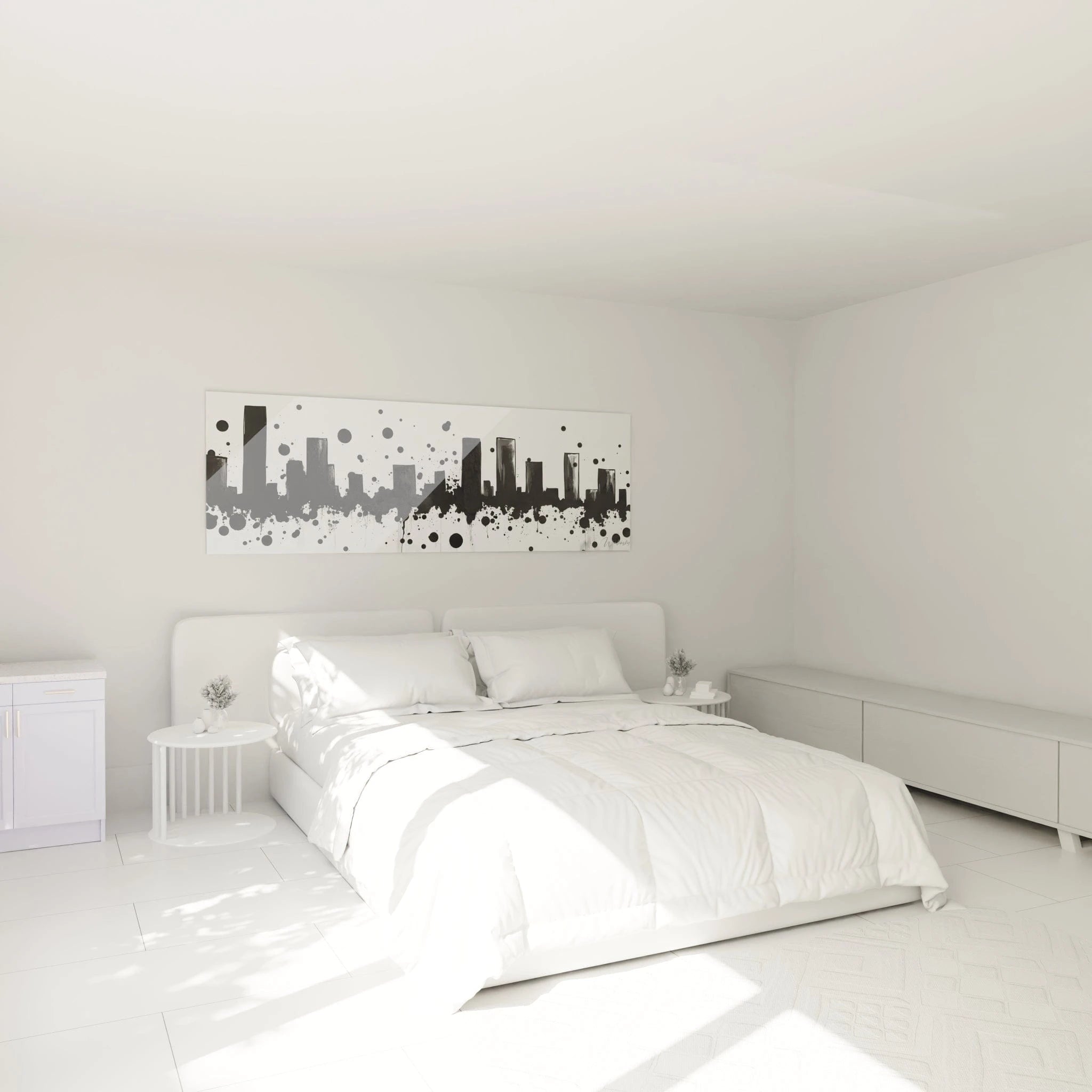 Tableau tacheté noir et blanc Walensky avec paysage urbain sur fond lumineux dans une chambre moderne