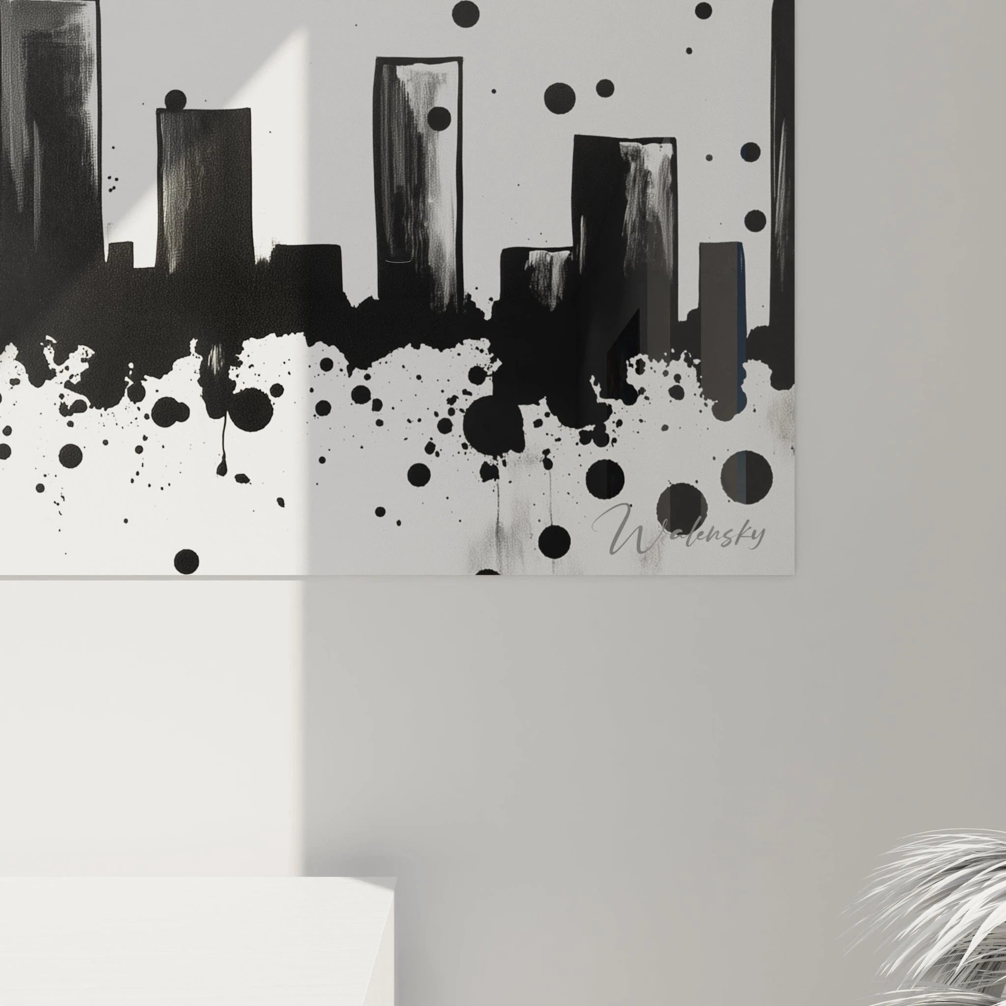 Tableau tacheté noir et blanc de Walensky représentant un paysage urbain moderne et artistique