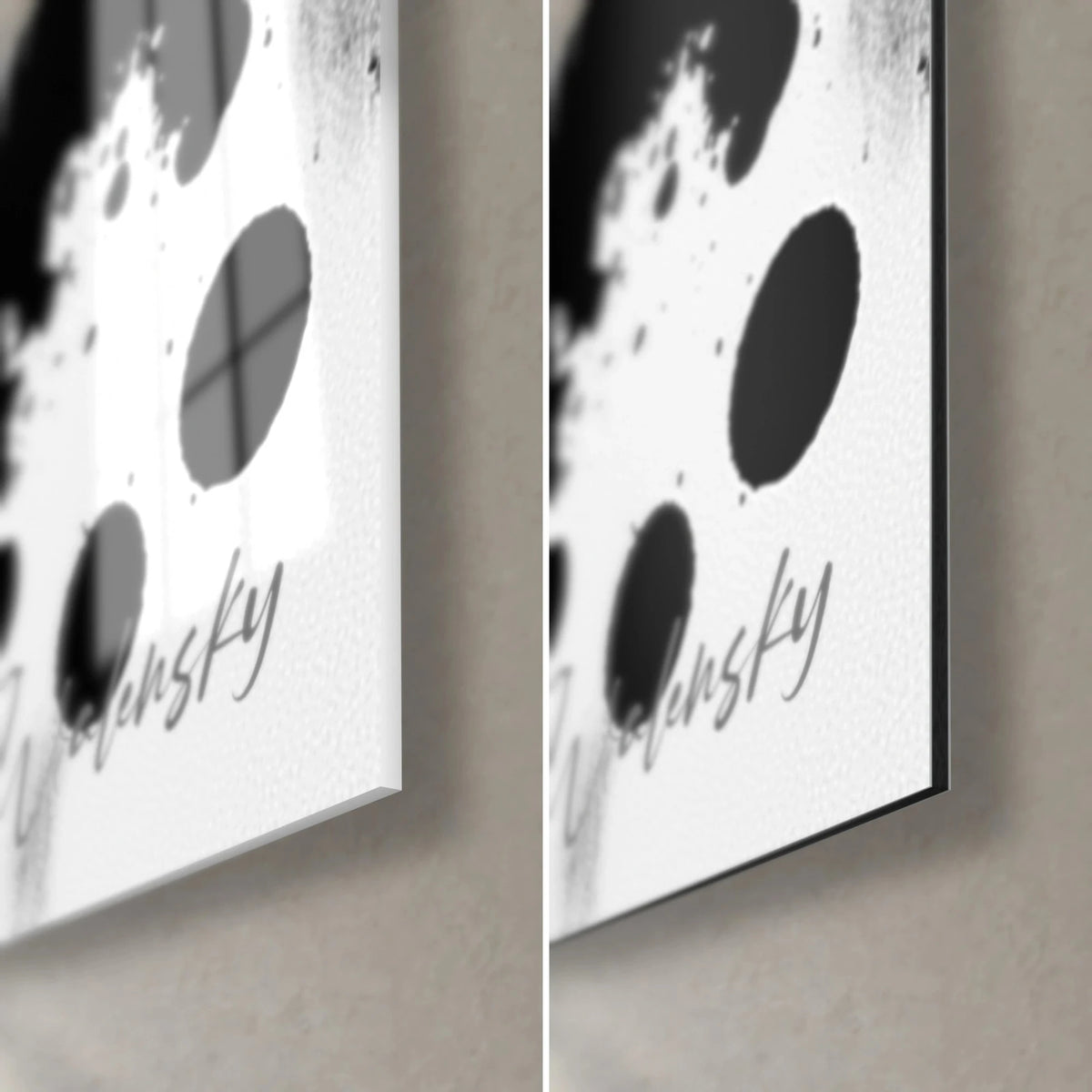 Wall art skyscrapers in black ink, bottom right corner: glossy glass on the left, matte white Dibond on the right, grey signature and black edge