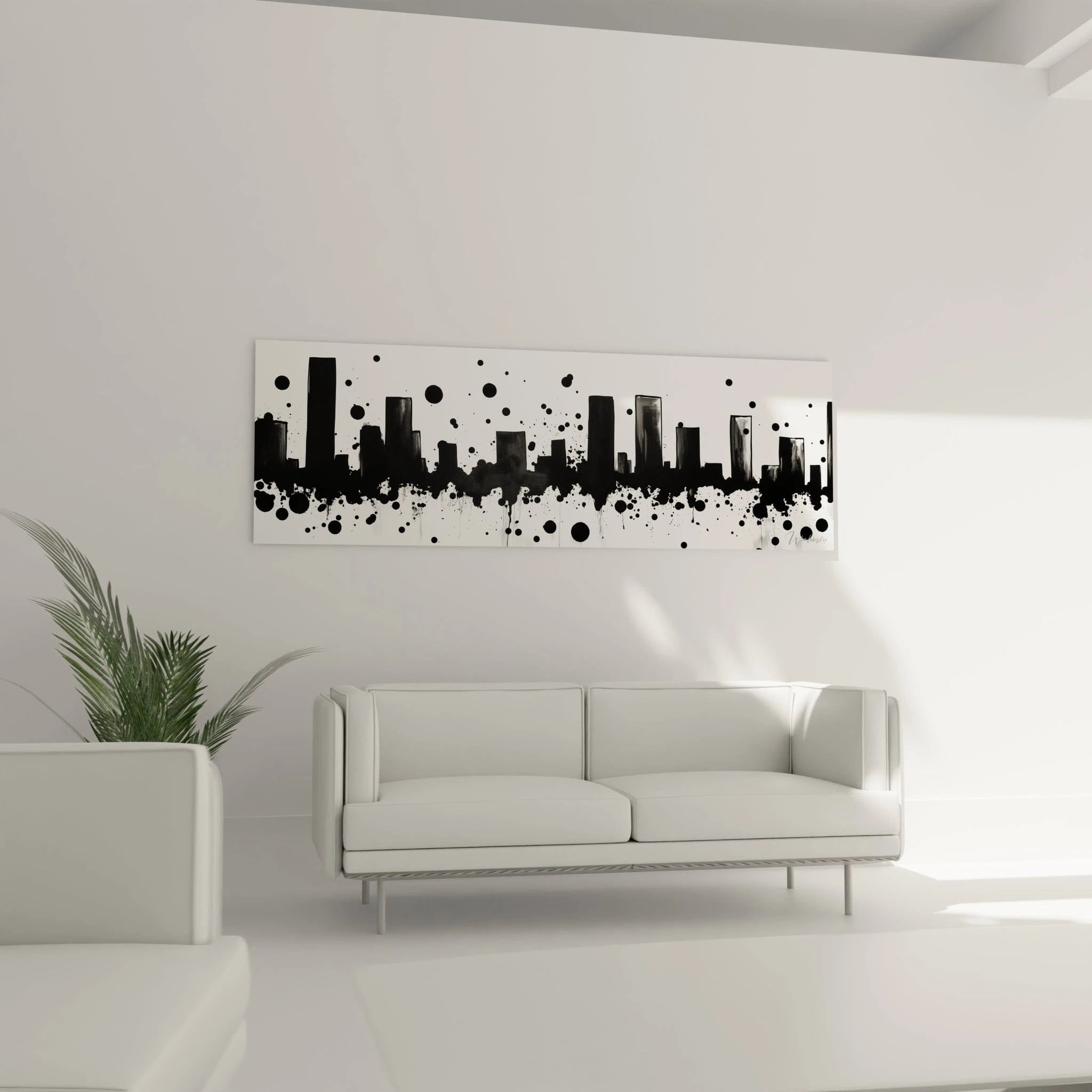 Tableau tacheté noir et blanc Walensky représentant un paysage urbain moderne sur un mur blanc