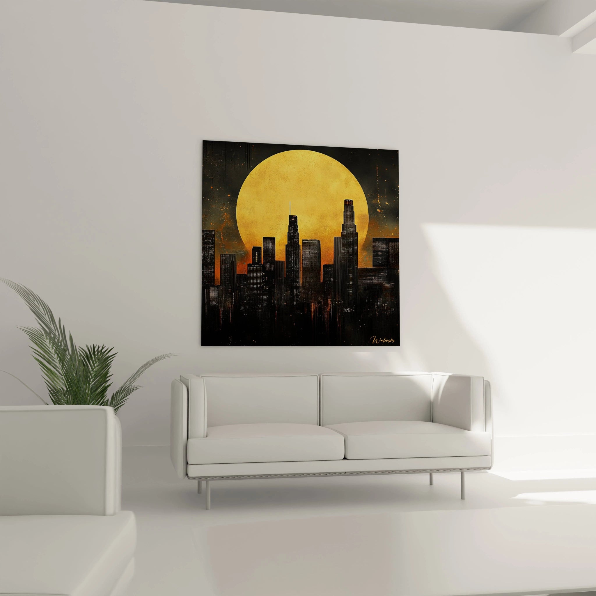Tableau New York par Walensky avec silhouette de gratte-ciels et grand cercle jaune dans un salon moderne