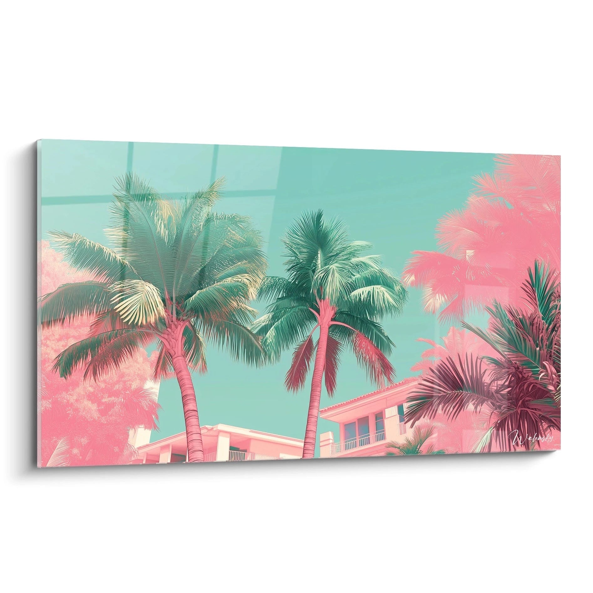 Tableau artistique représentant des palmiers aux troncs roses et frondaisons vertes sur fond turquoise, avec une villa blanche-rose en arrière-plan, créant une ambiance tropicale stylisée aux couleurs contrastées.