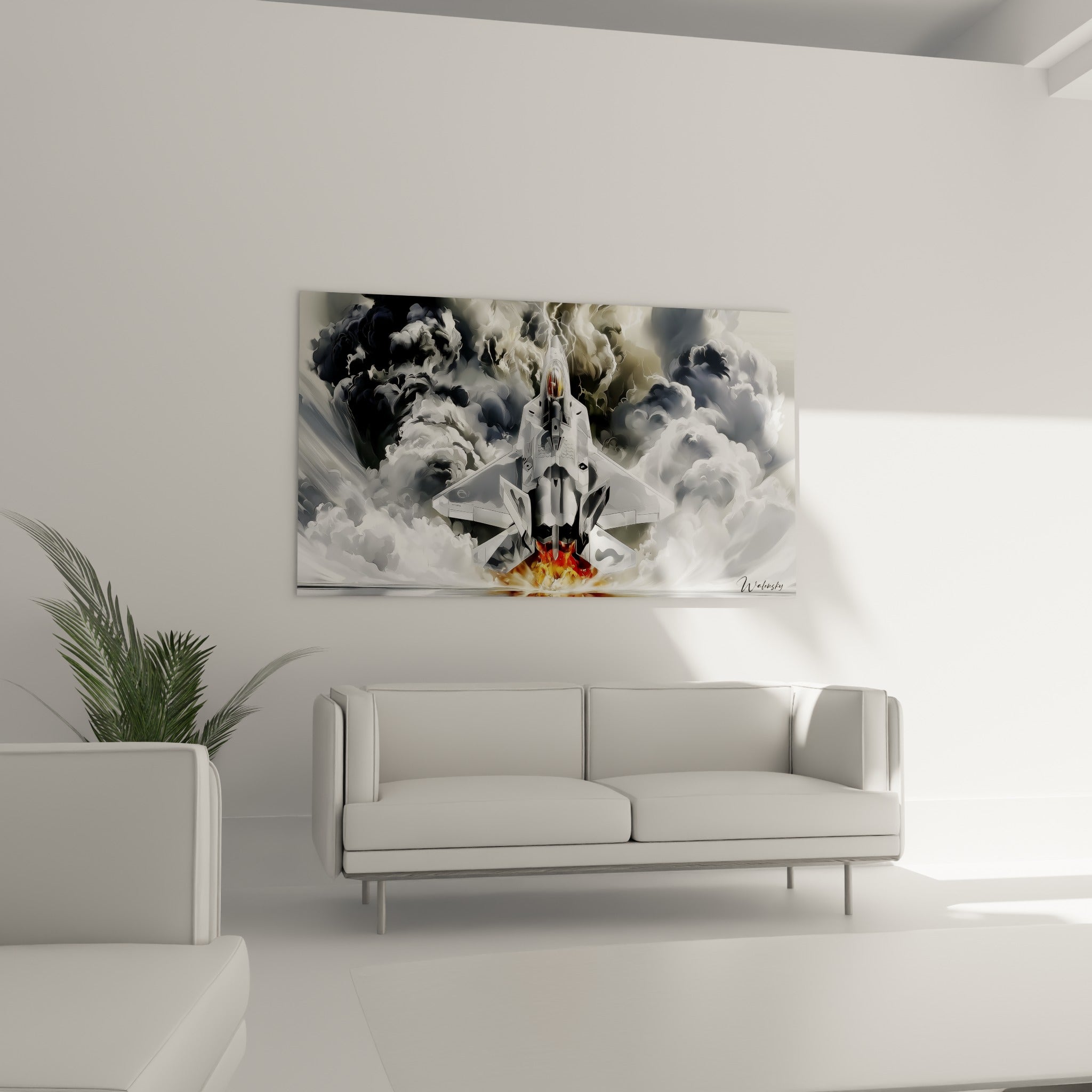 Jet militaire anthracite jaillissant des nuages blancs, positionné au-dessus d'un canapé dans un salon lumineux