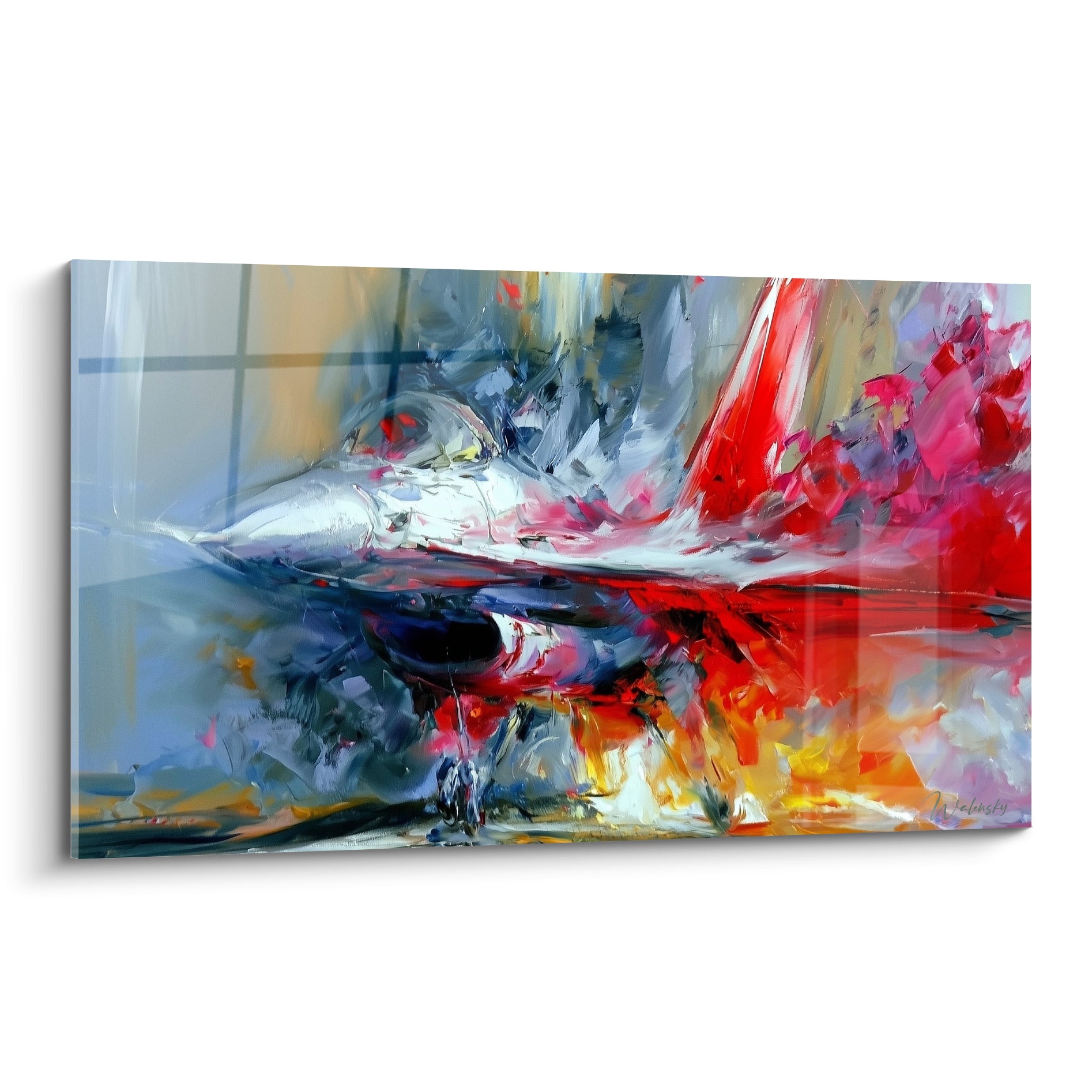 Avion de chasse militaire aux teintes rouge et gris anthracite, peinture à la spatule expressive.