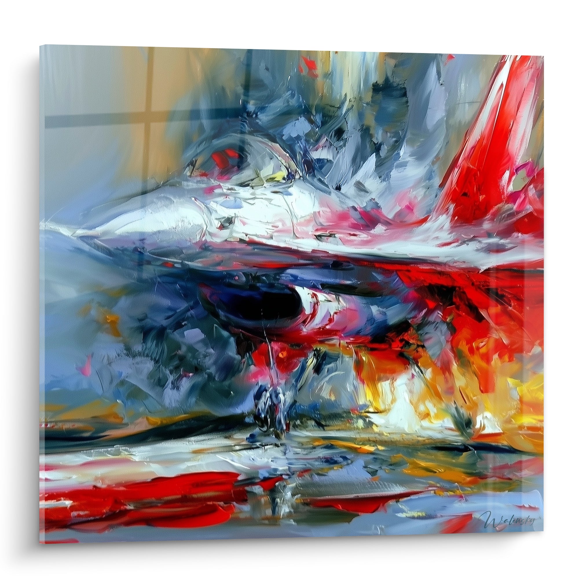 Avion de chasse militaire blanc et rouge peint en touches expressives sur fond gris anthracite tourmenté