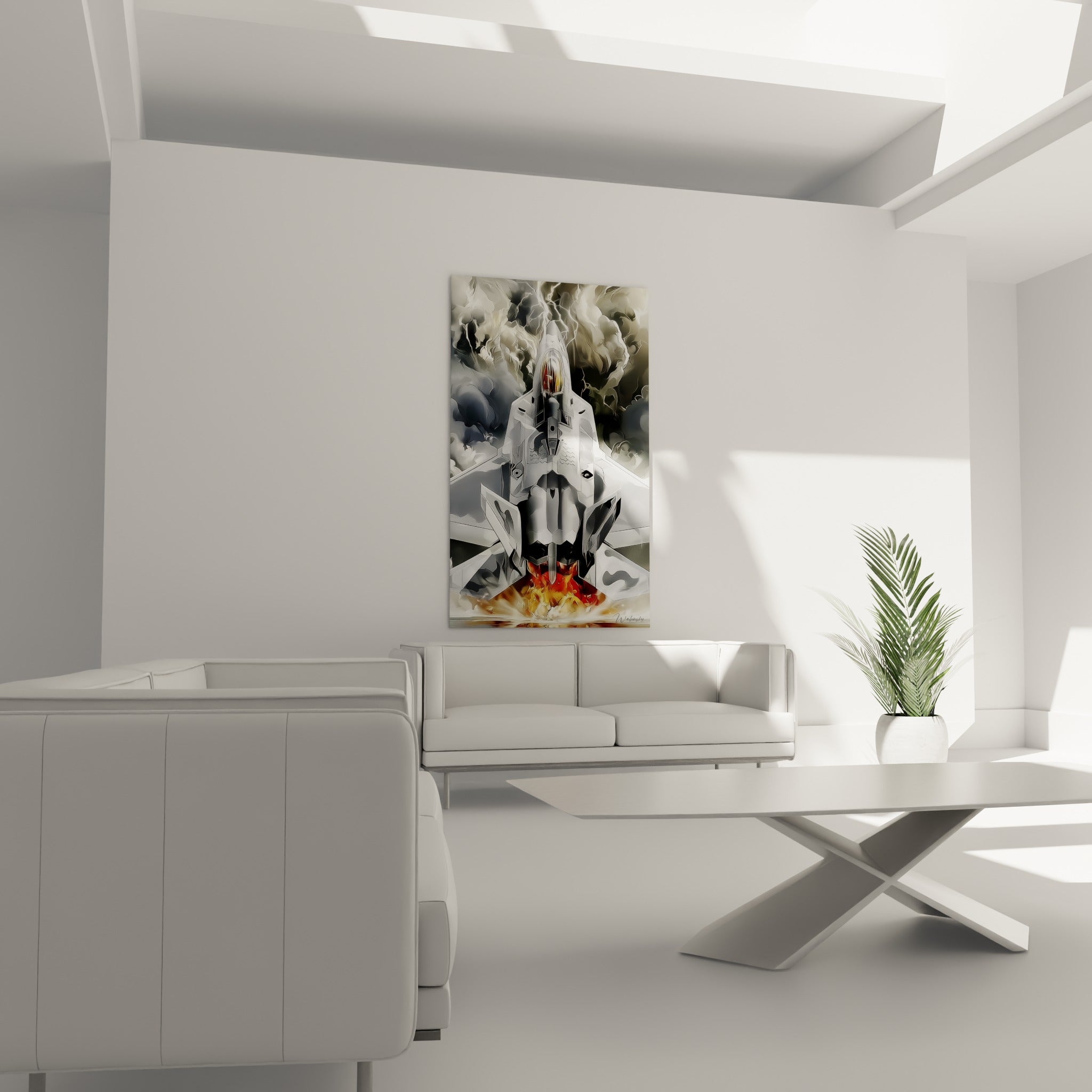 Appareil de combat anthracite et orangé positionné au-dessus d'un canapé dans un salon lumineux