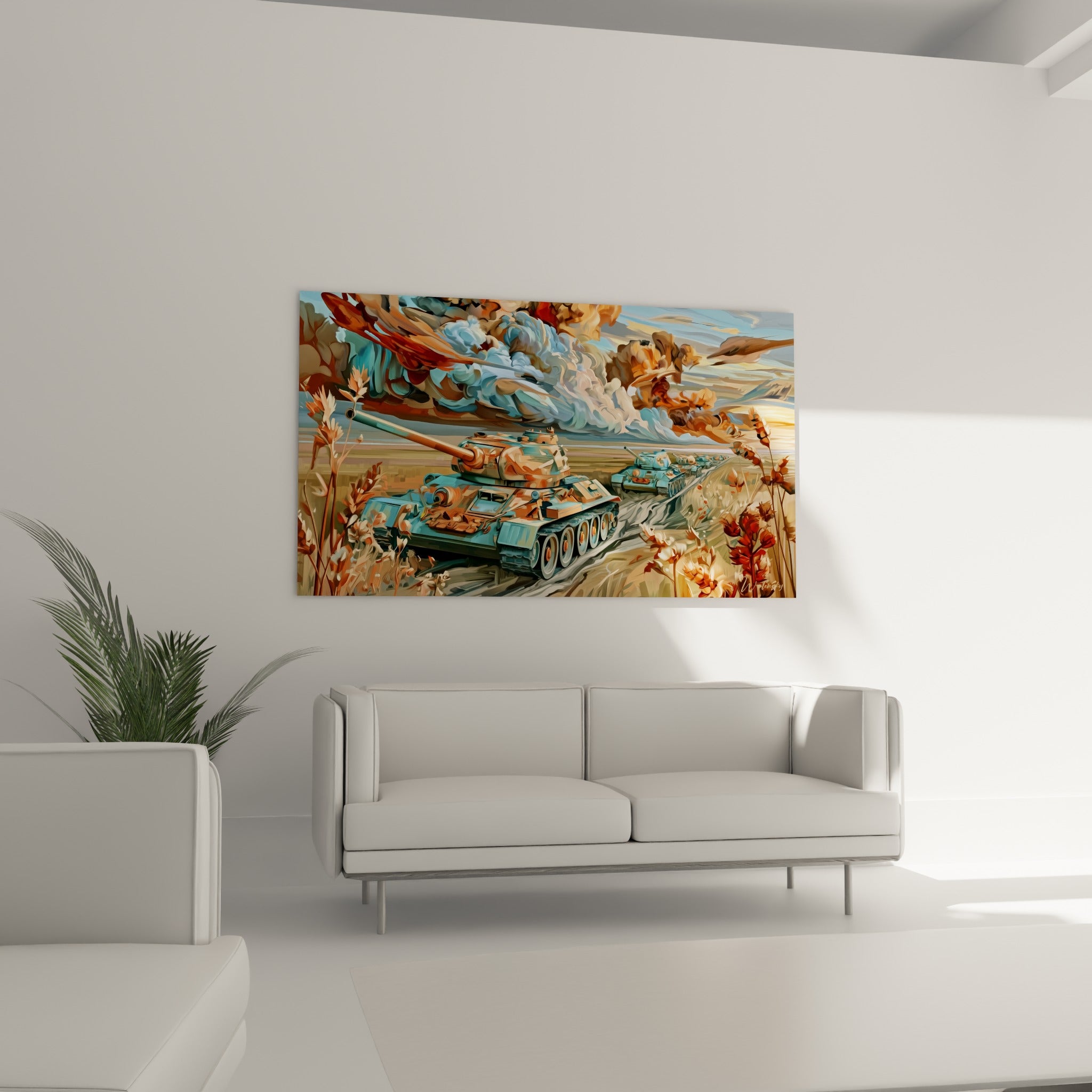 Blindé militaire bleu pastel et ocre brûlé, canon détaillé, au-dessus d'un canapé dans un salon lumineux