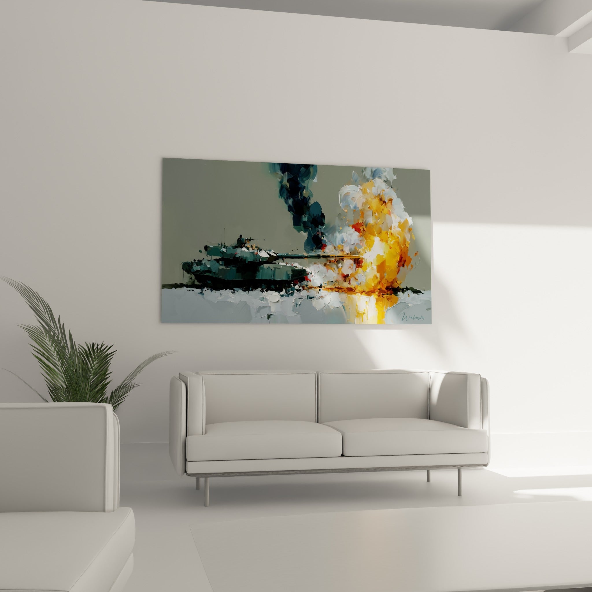 Blindé anthracite et flamme orange vif sur peinture murale, au-dessus d'un canapé dans un salon lumineux