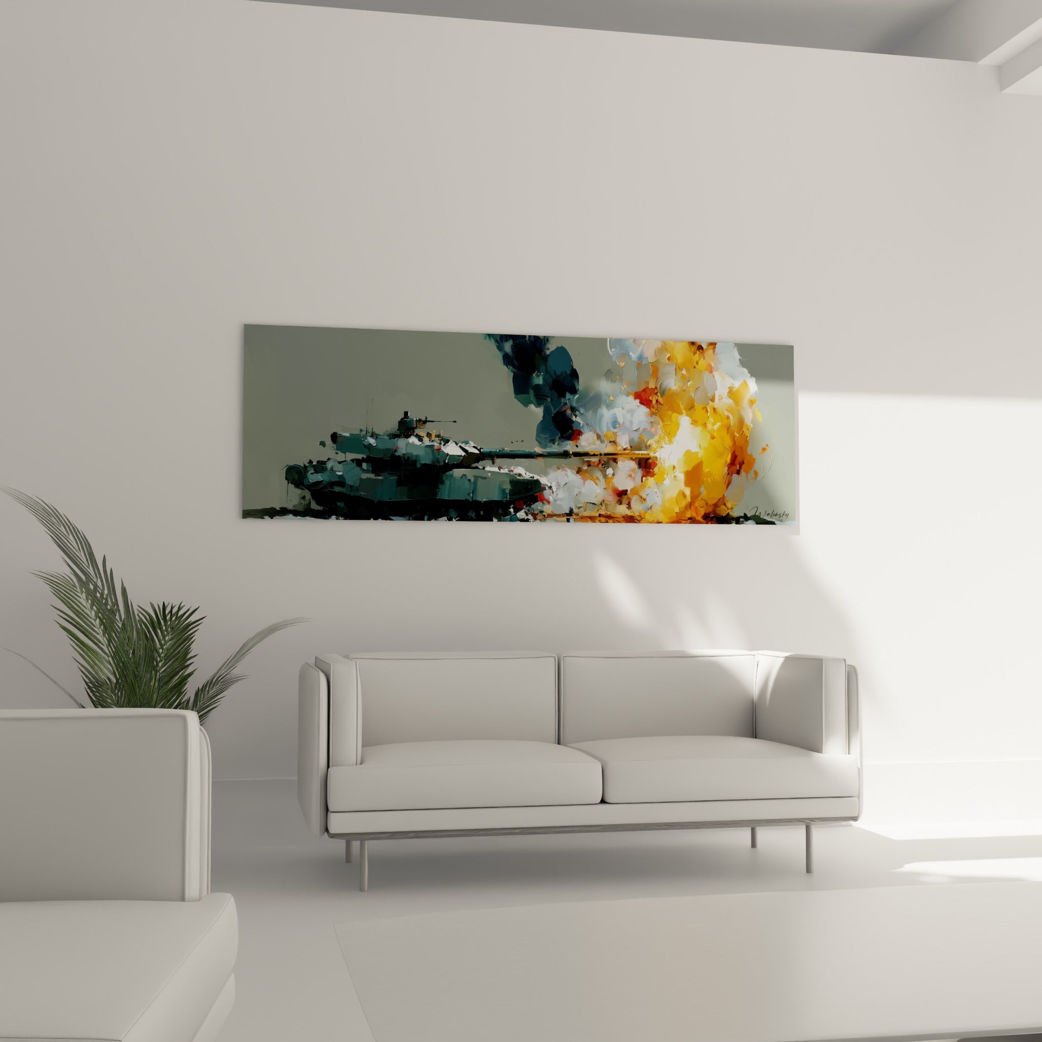 Tir de char anthracite et lueur orange positionnés au-dessus d'un canapé dans un salon lumineux