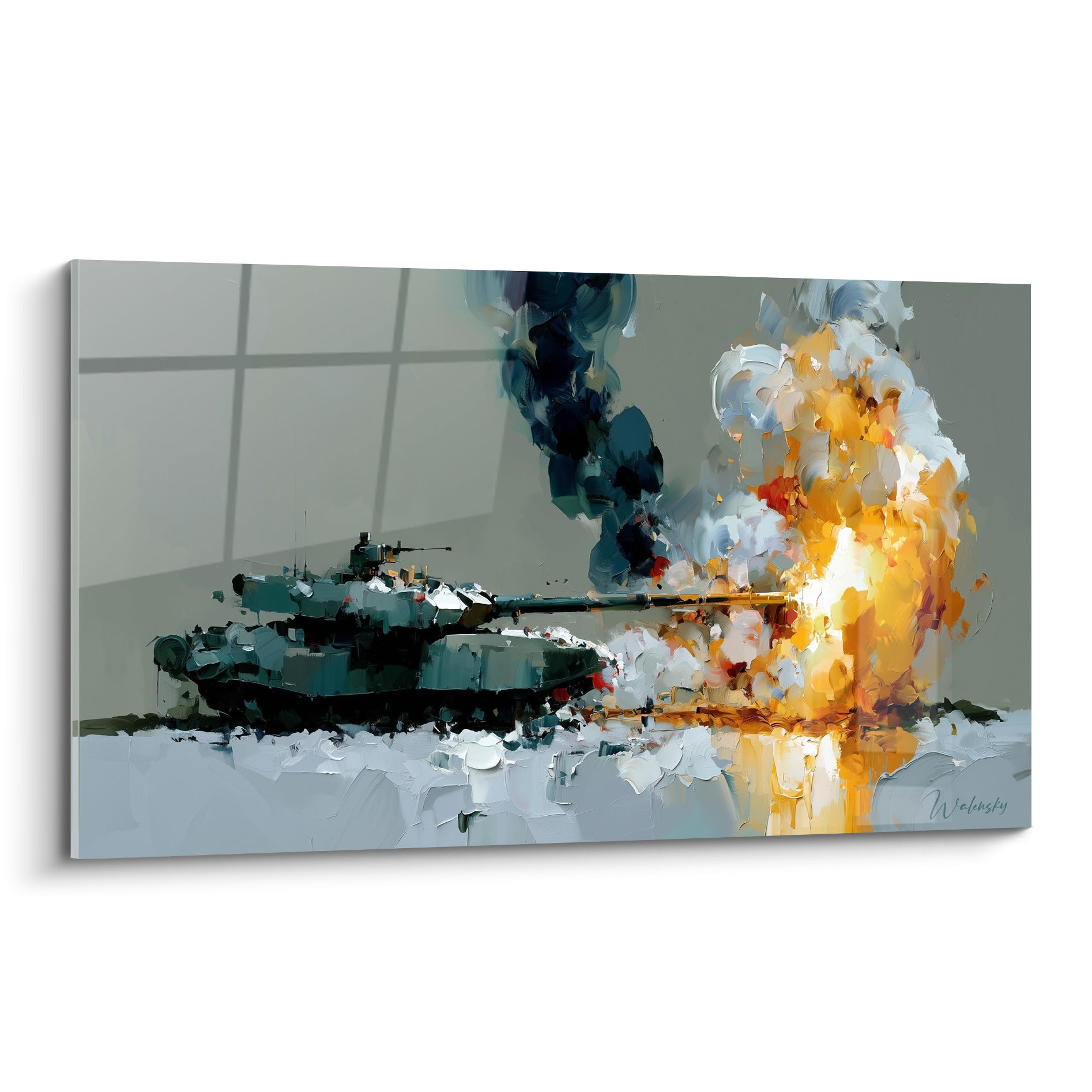 Char militaire vert kaki tirant, explosion orange et fumée anthracite en pleine toile