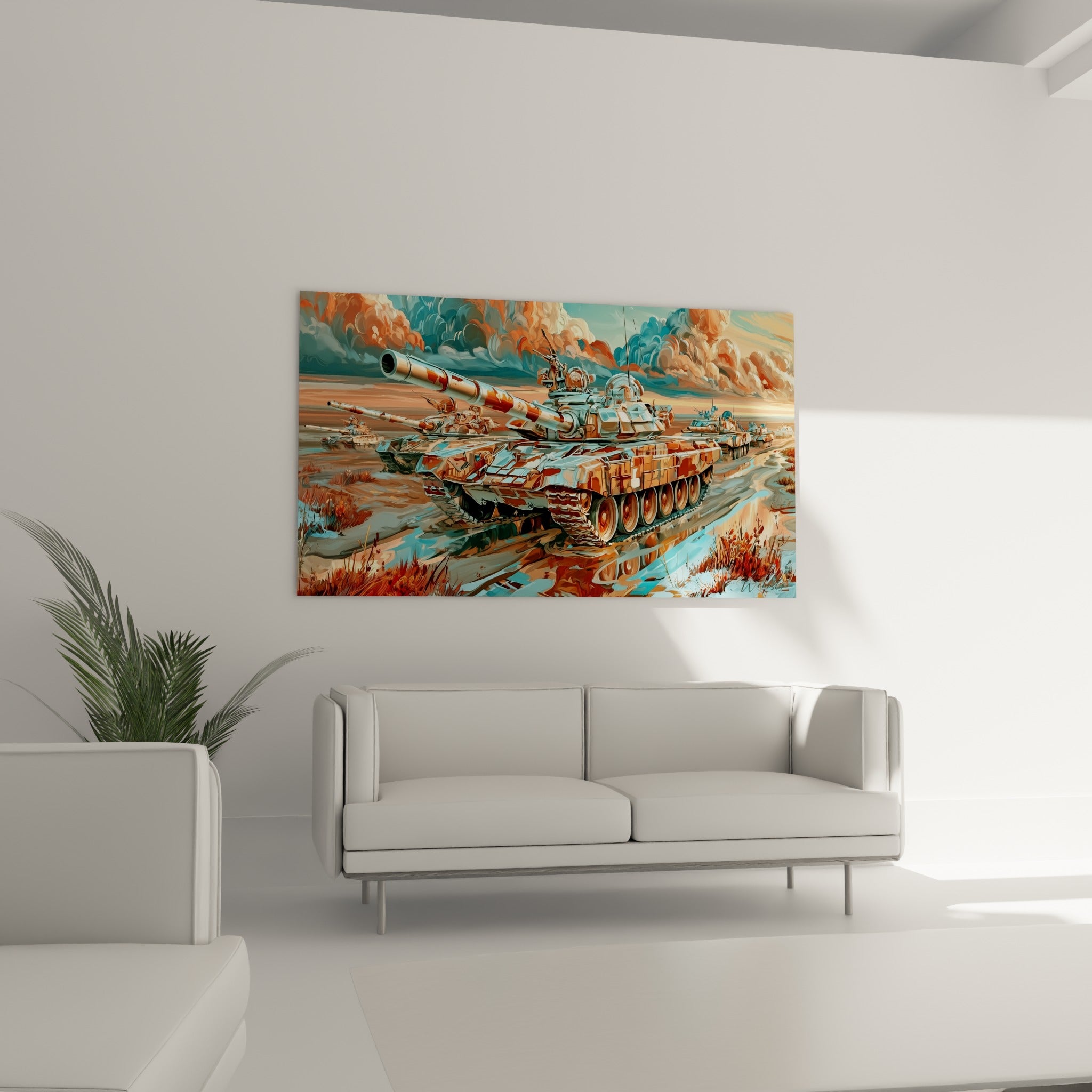 Char militaire fauve et bleu ciel au-dessus d'un canapé dans un salon lumineux