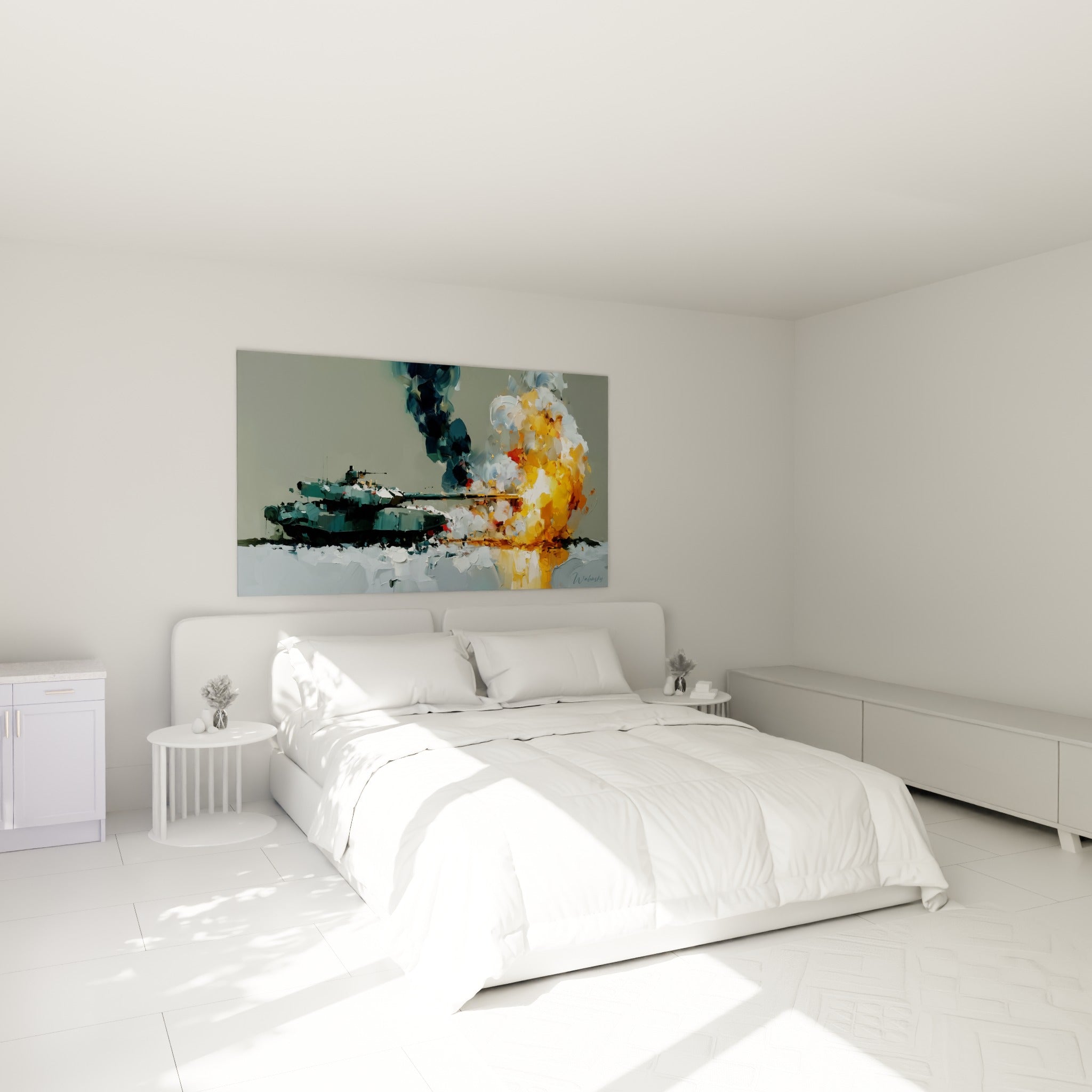 Char vert kaki et explosion dorée sur toile murale, au-dessus d'un lit dans une chambre claire