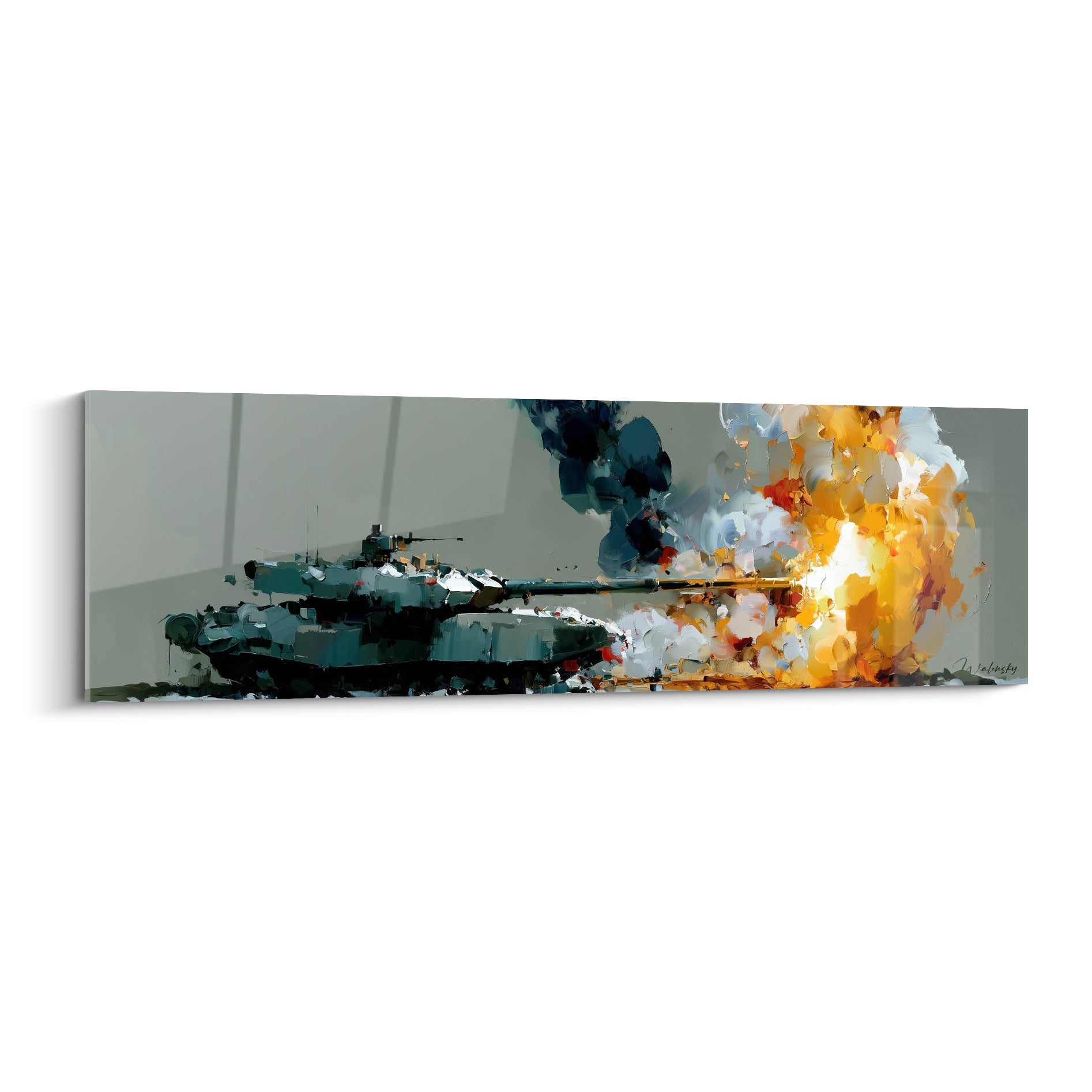 Char vert kaki tirant, explosion orange et fumée anthracite en plein cadre panoramique